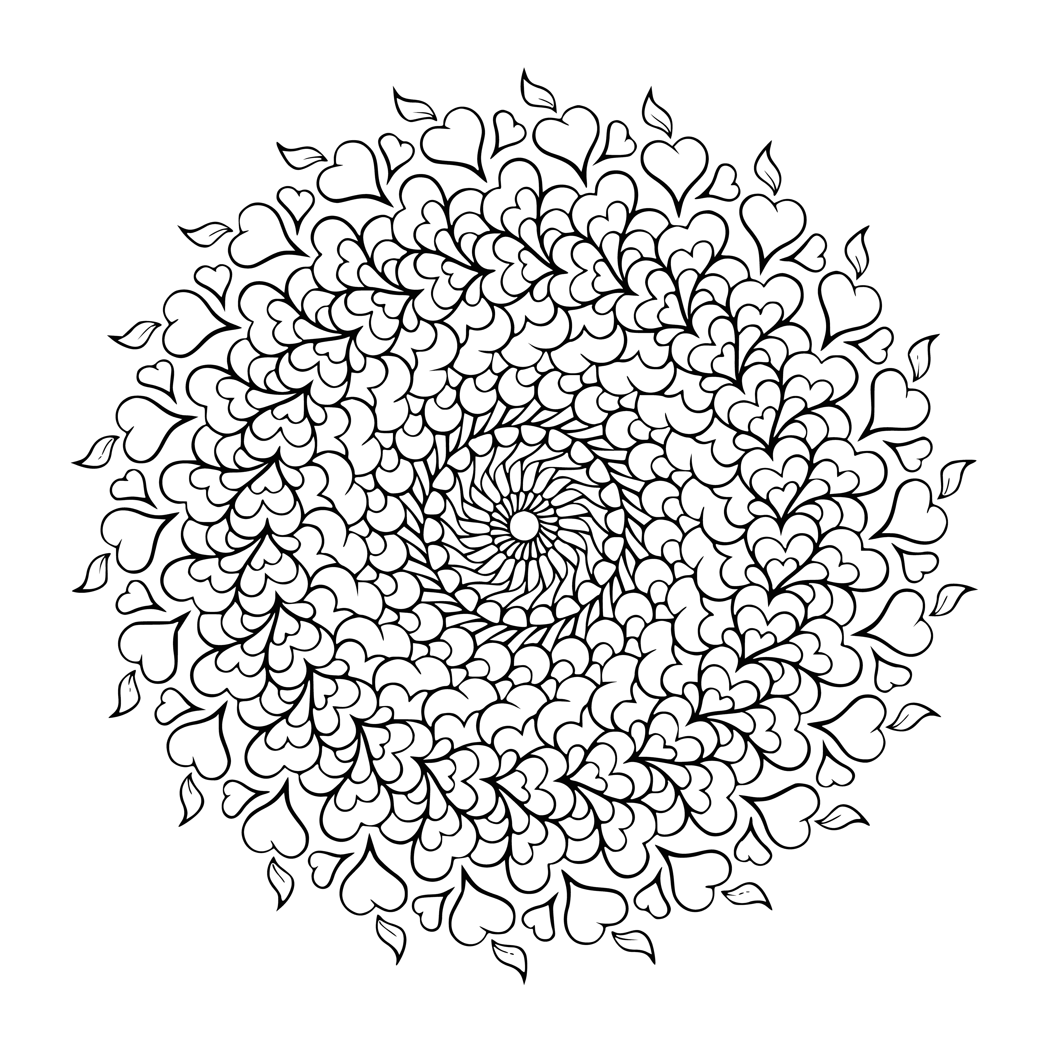 coloring page: 140 characters: Intricate patterns in bright colors circle a large heart in this beautiful, calming mandala.