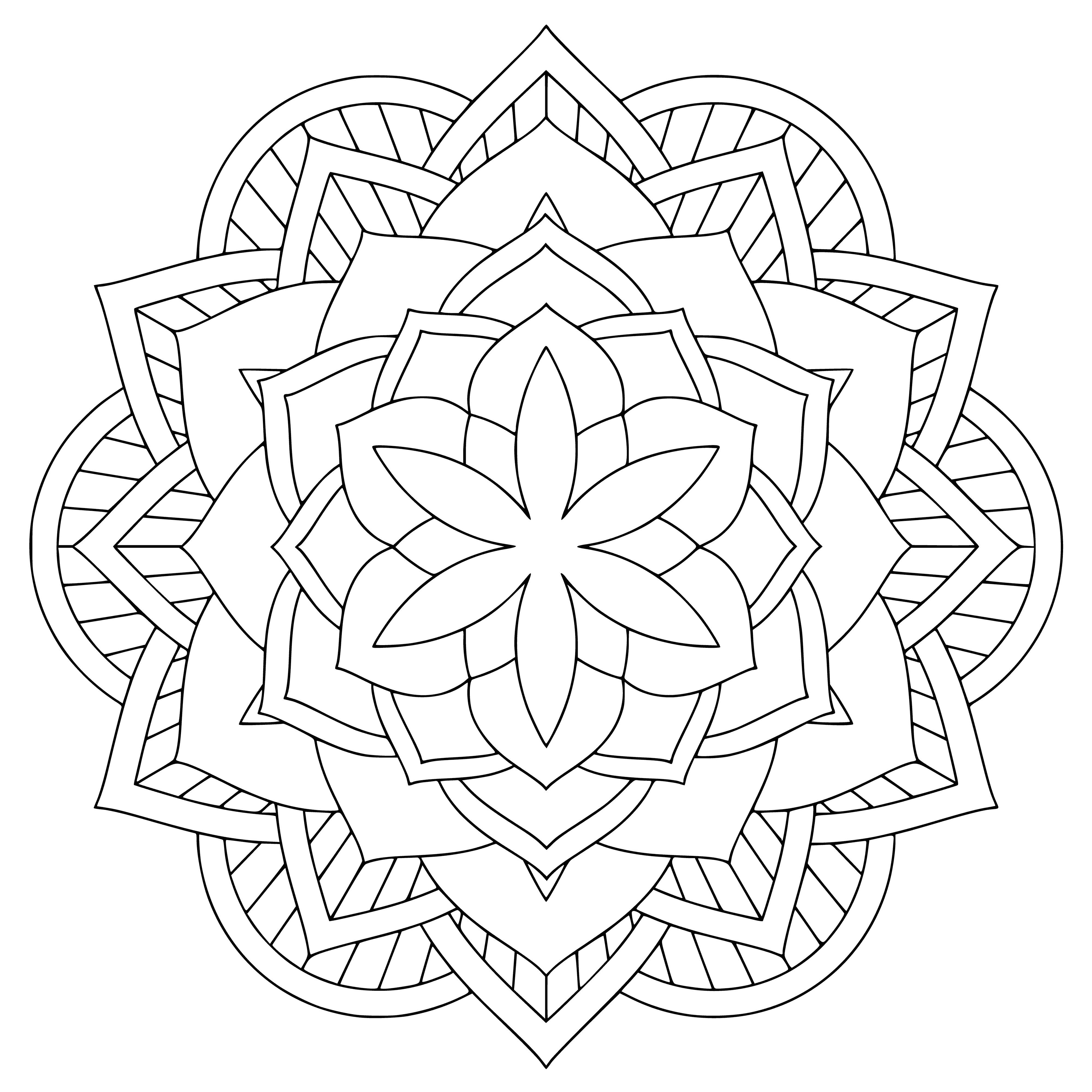 coloring page: Colorful flower mandala coloring page with a big flower center and smaller flowers around it - so many details to enjoy! #coloring #flowers