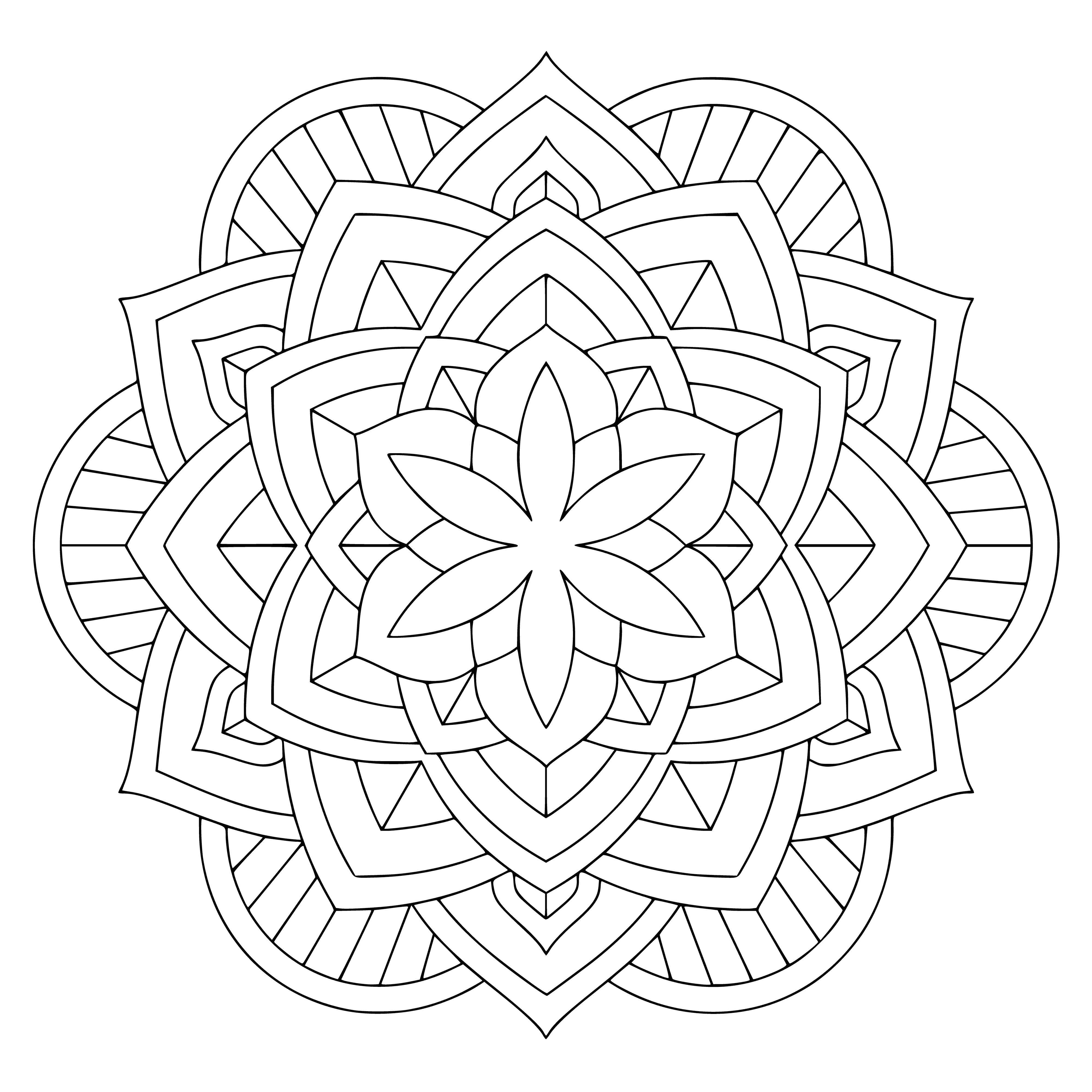 coloring page: Pretty flower mandala coloring page with circular shape and petals, leaves and smaller flowers around it. #coloringpages #mandalas