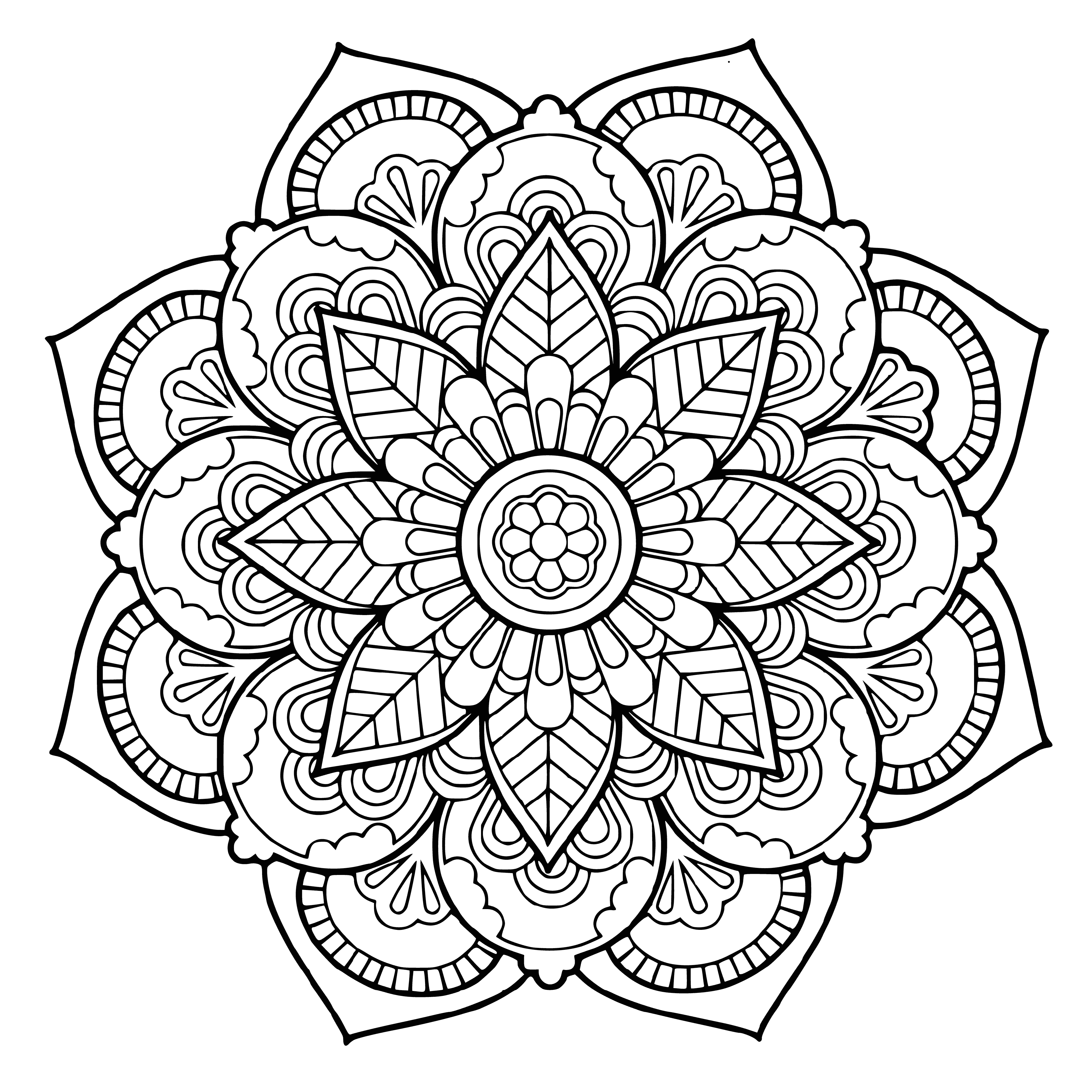 coloring page: A mandala w/ 8, 6, and 4-petal flowers. Lines connect them, geometric shapes surround all. Different colors for all.