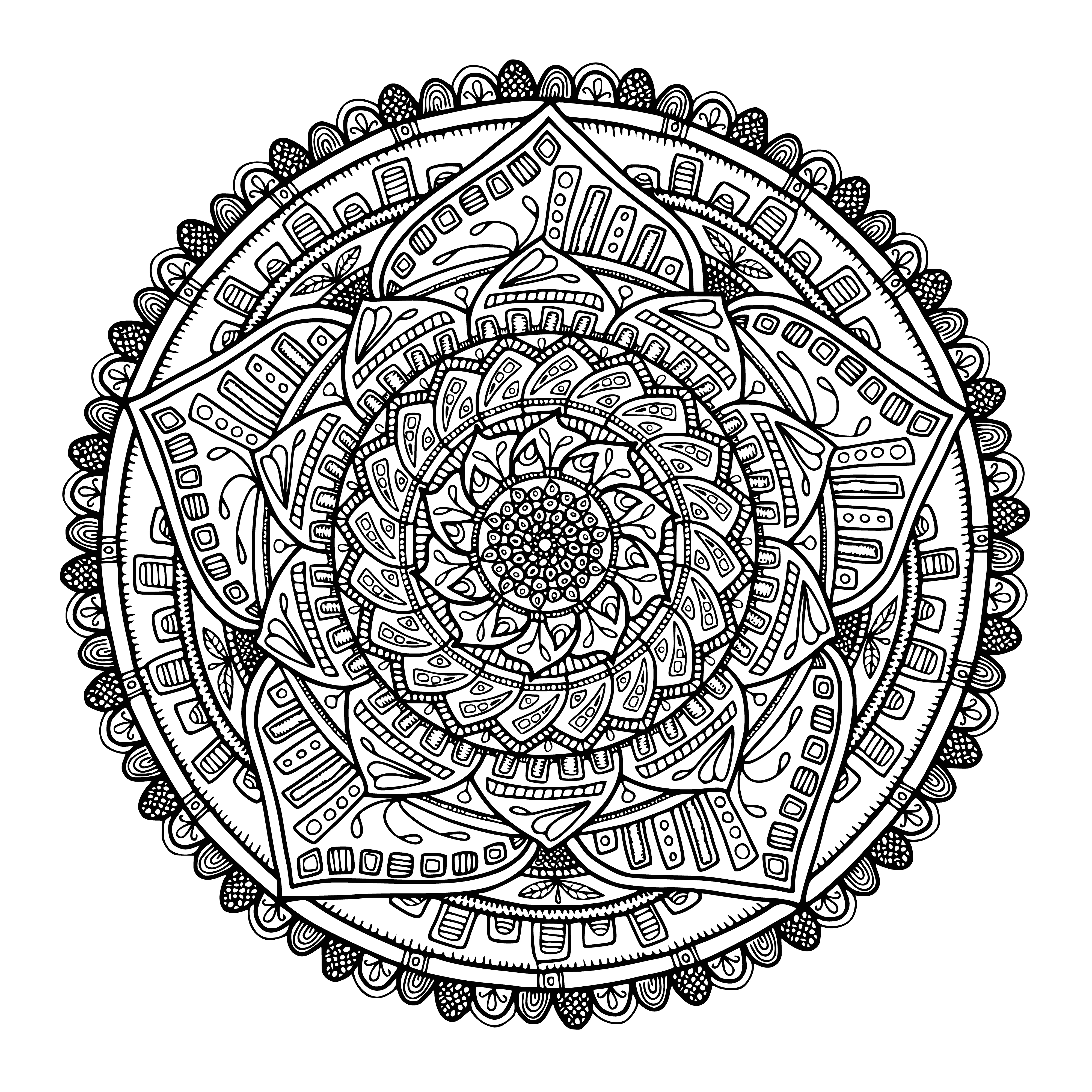 coloring page: Mandala coloring page has complex shapes & patterns, both geometric & organic, with many colors woven together. #Zen #Coloring #Relaxation