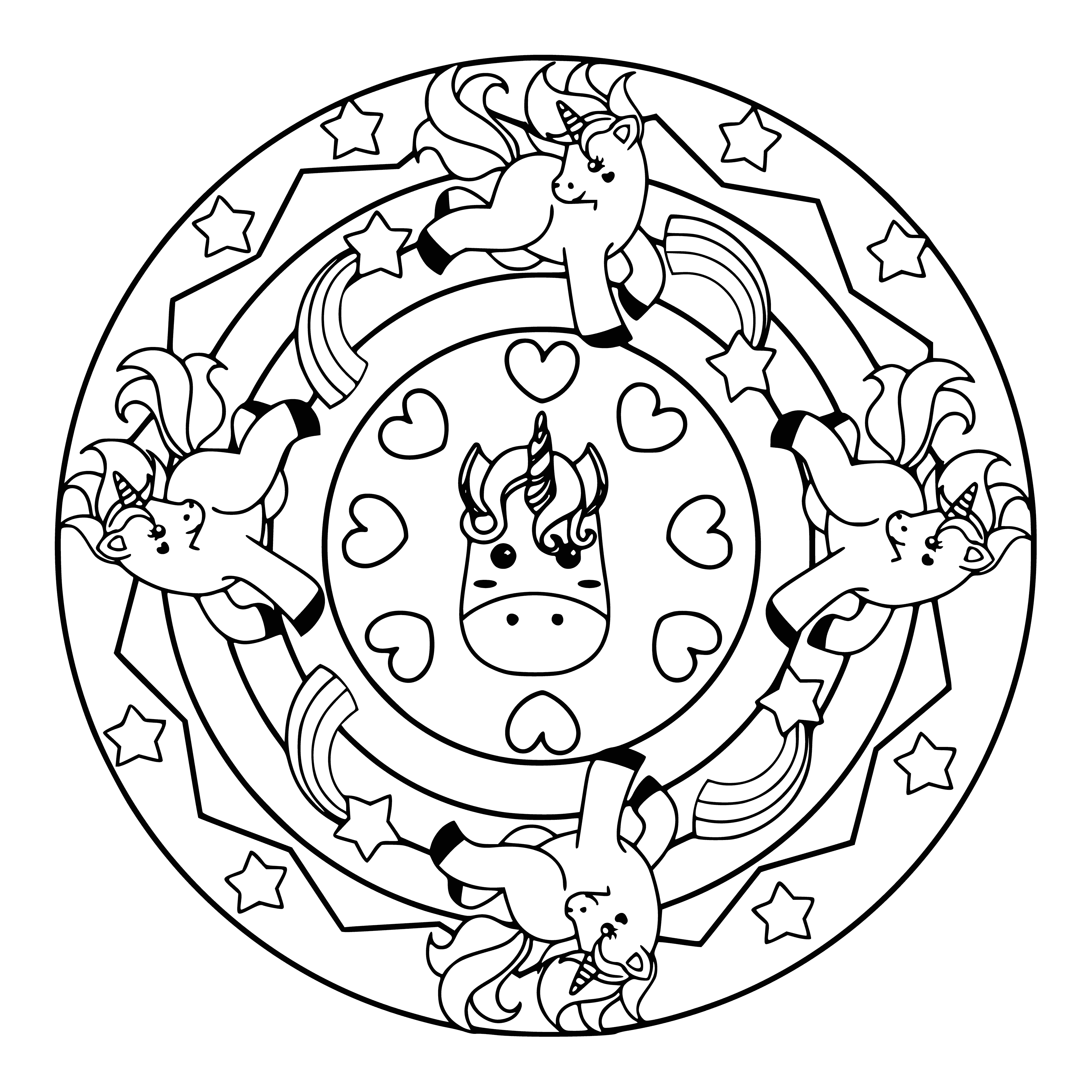 coloring page: A mandala is a spiritual/ritual symbol in Hinduism/Buddhism representing the universe, usually a circle of demonic figures surrounded by concentric circles, exhibiting radial balance.