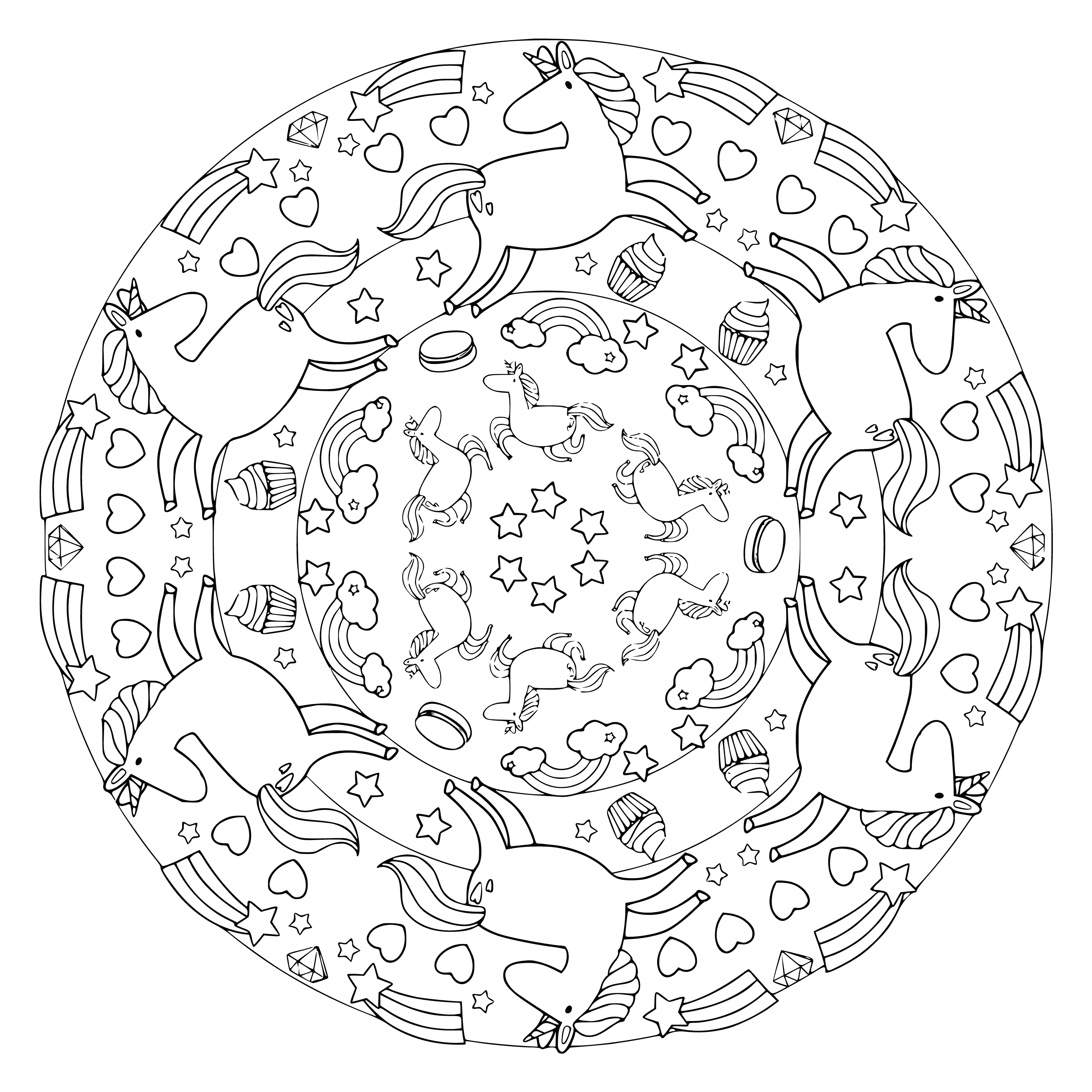 coloring page: A large, circular mandala filled with intricate patterns and designs, plus small animals and flowers. #UnicornMandala