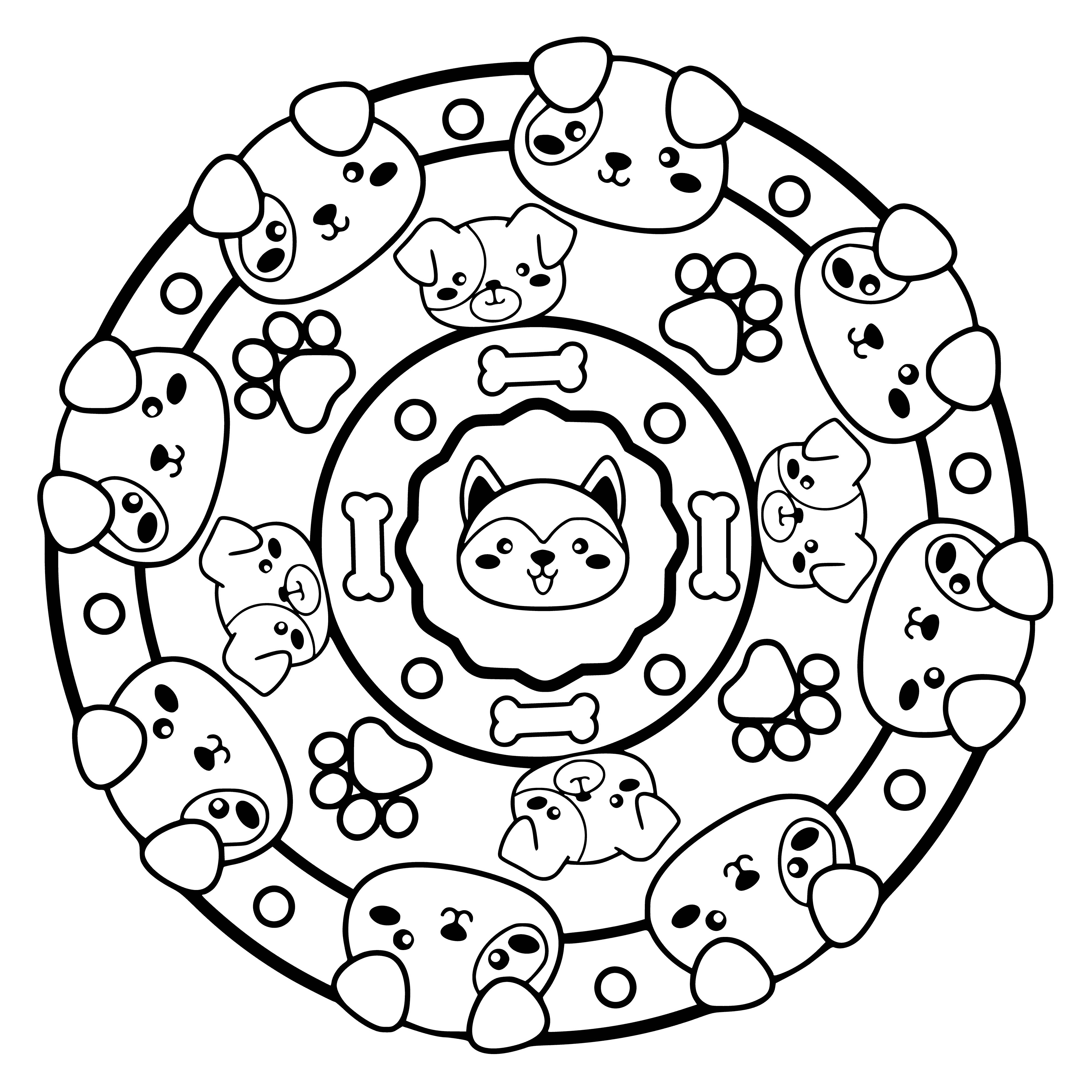 coloring page: A black & white mandala w/ animals in center (mouse) & around it: bird, cat, dog, rabbit, deer.