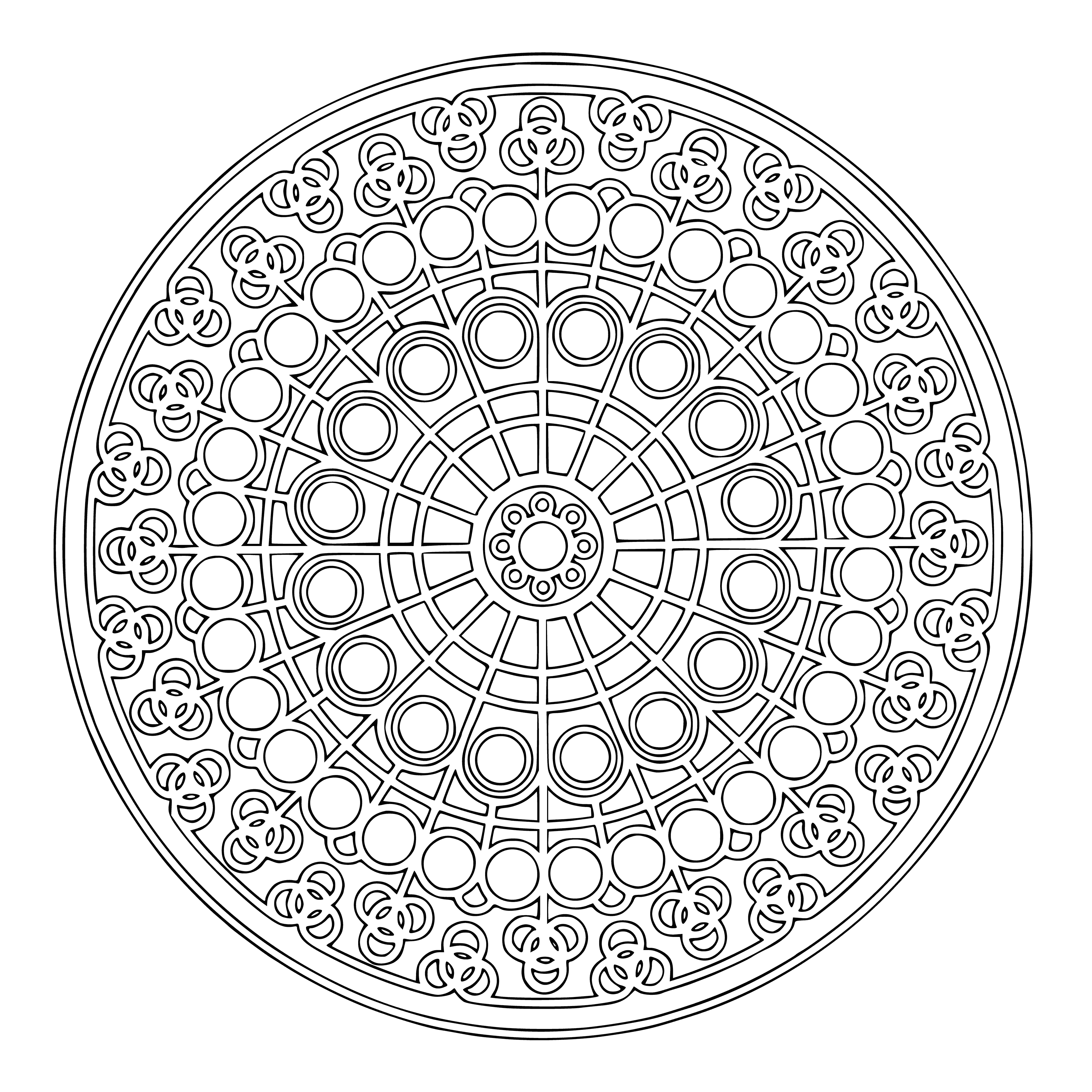 coloring page: Mandala symbolizes the universe in Buddhism & Hinduism. Has concentric circles w/ symbols & a lotus flower in center.