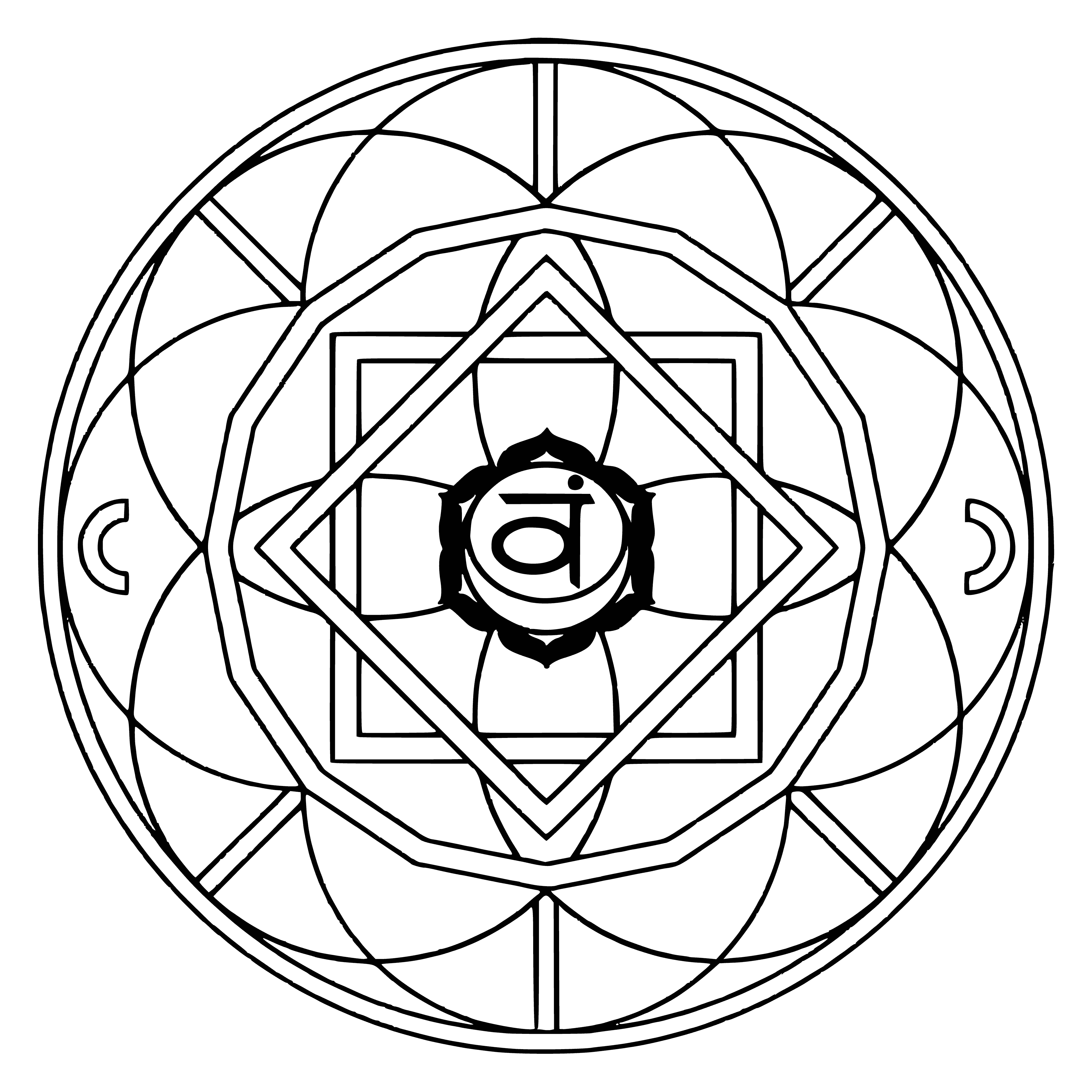 coloring page: Mandala showing Svadhisthana chakra: Lotus with 6 petals (orange & white) & cube (earth element) in the center, flowing with 4 rivers (earth, water, fire, air), representing 6 senses (sight, sound, smell, taste, touch, intuition). #yogaphilosophy #mandala
