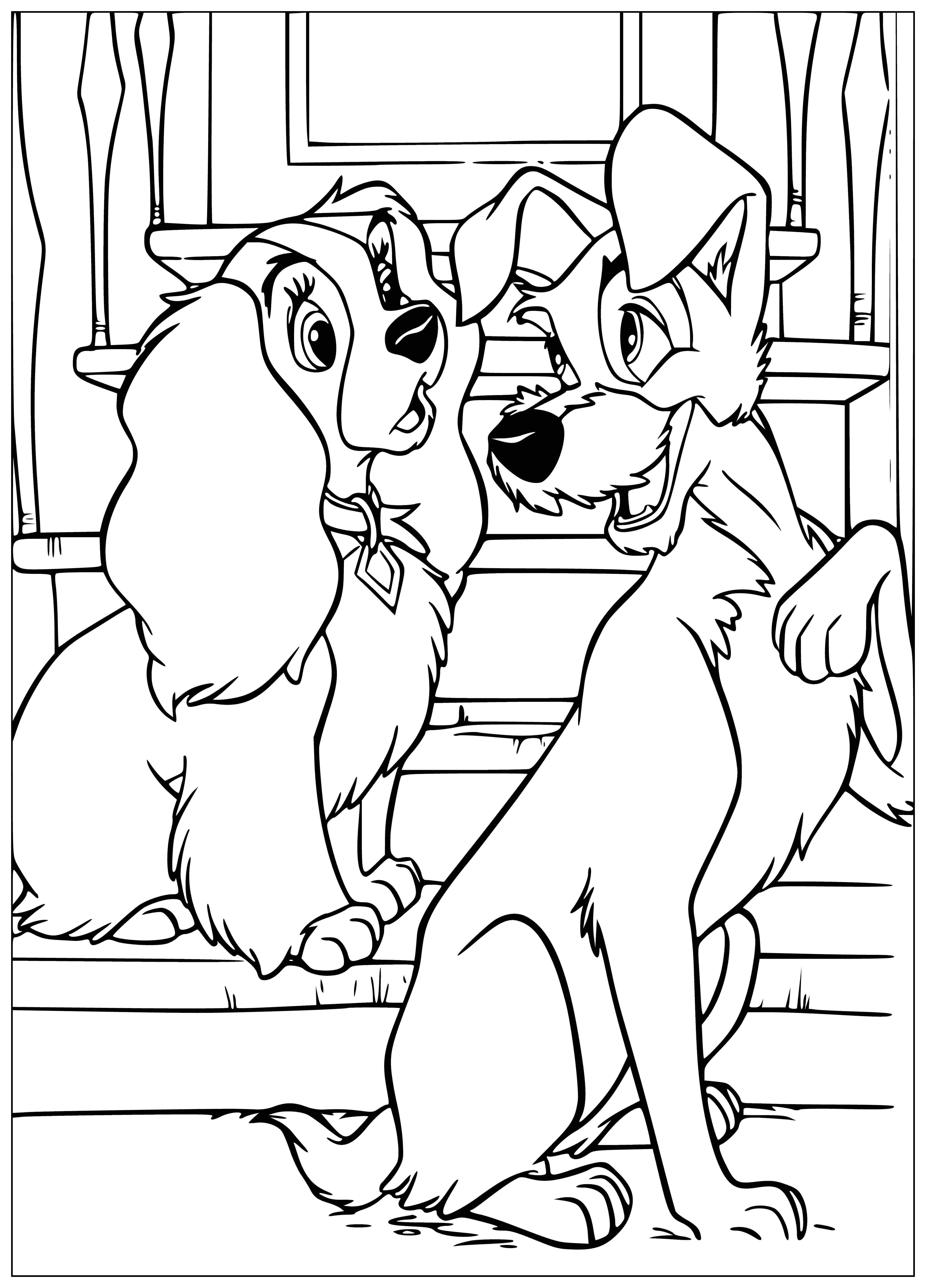 coloring page: Two smiling dogs: small white long-ear, standing on large brown short-ear with black nose.
