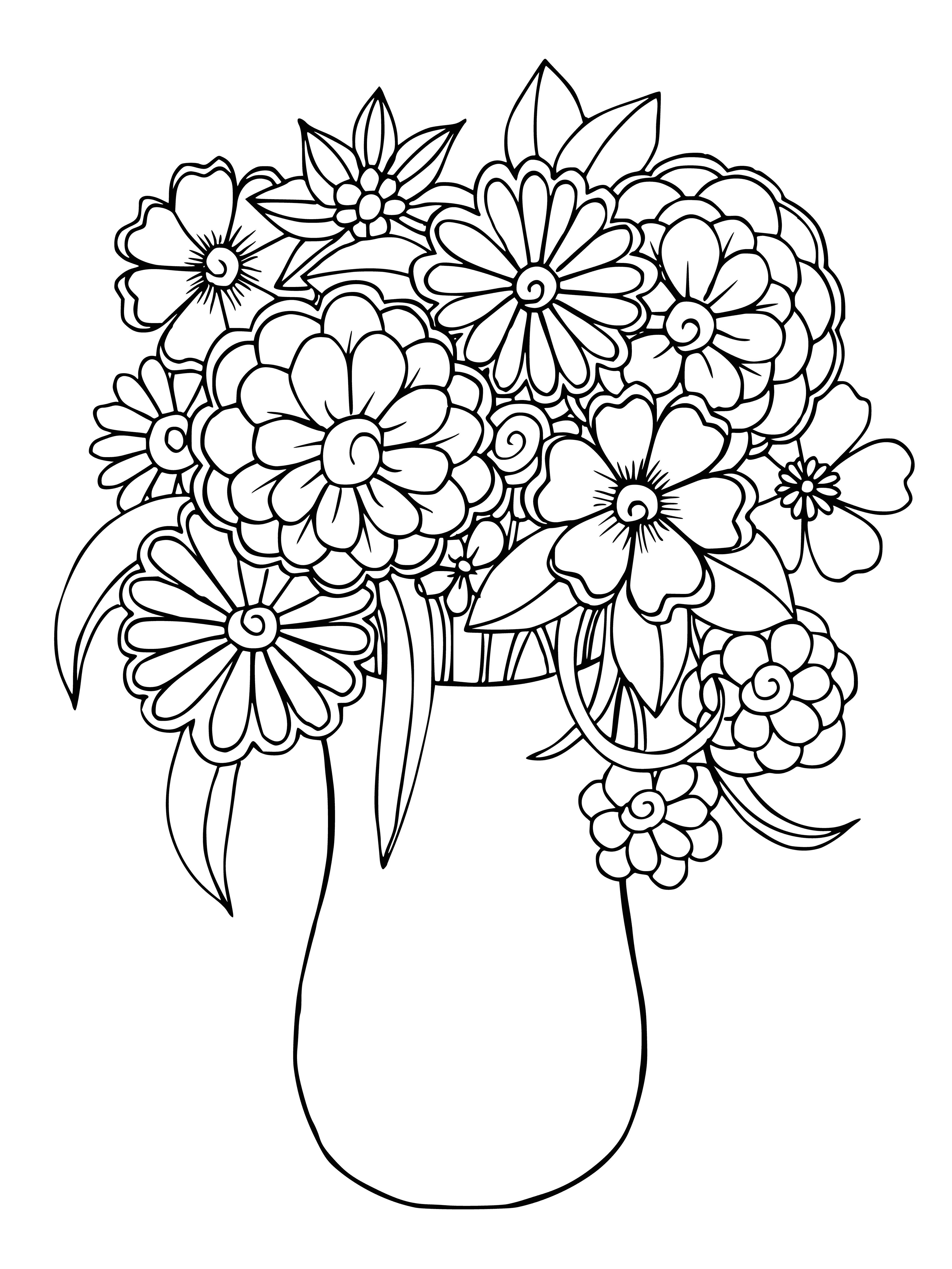 coloring page: A vibrant bouquet of different flowers overflows a vase, set in a calming background of blues, greens, and purples.