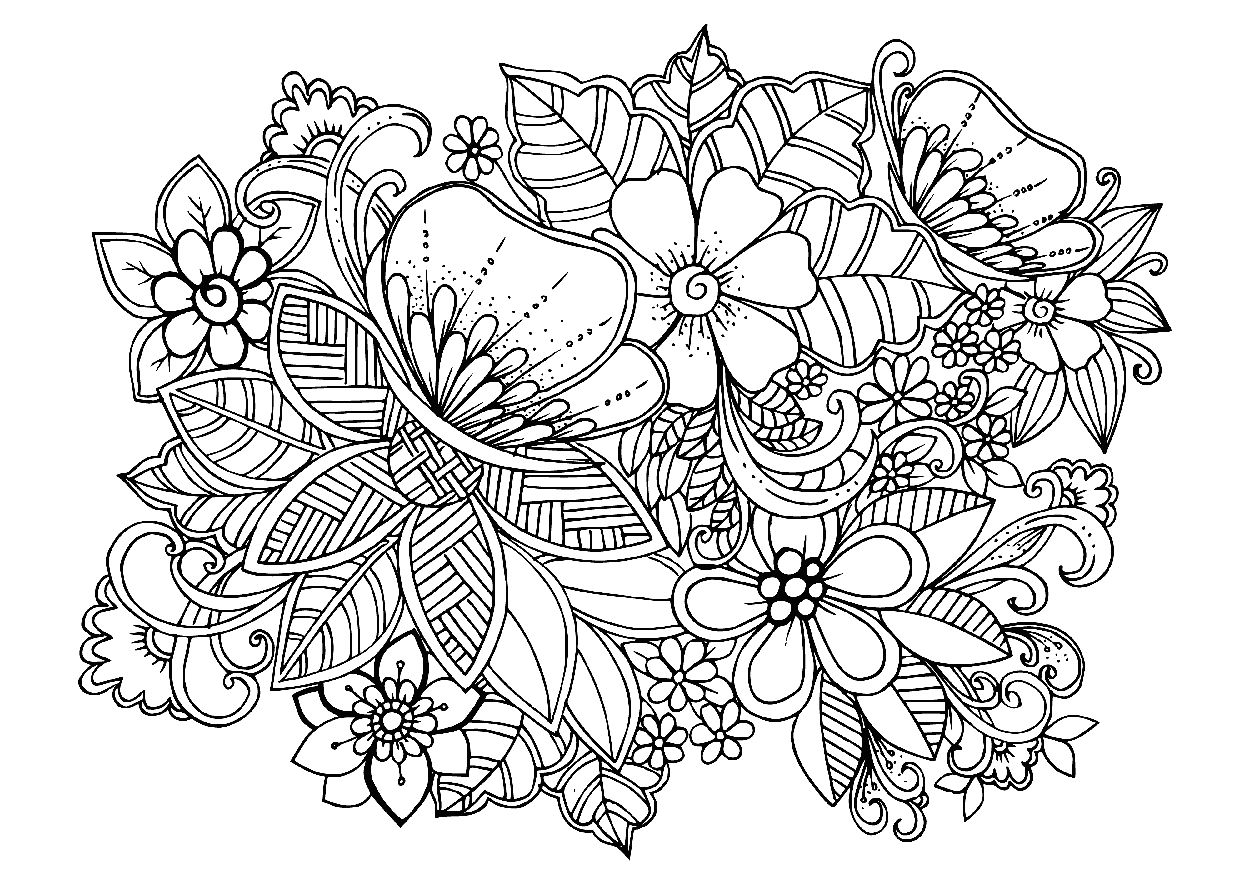 coloring page: A coloring page of different colored flowers in a field, with a blue sky.