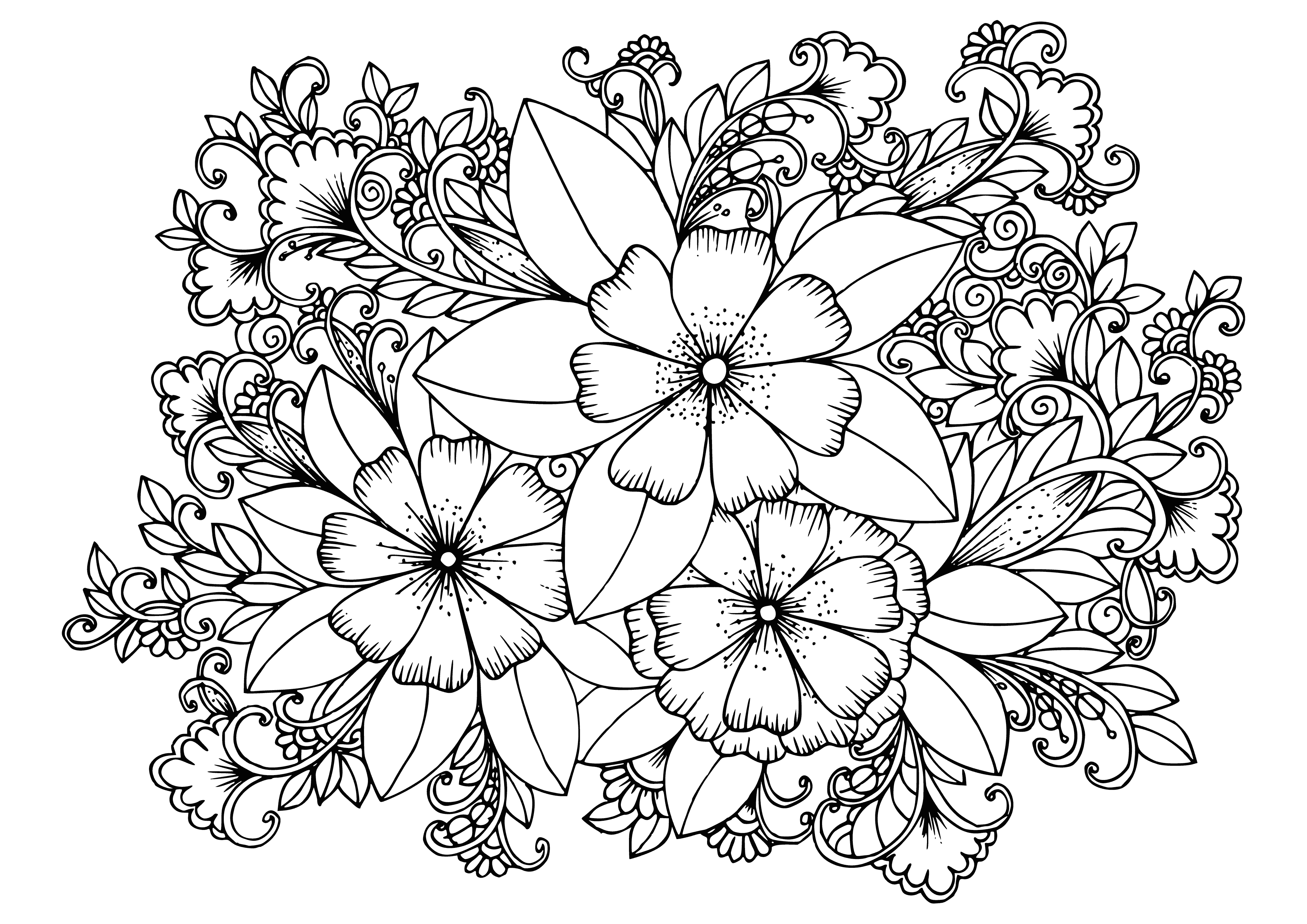 coloring page: 3 large flowers center of page, surrounded by small flowers & foliage. Blooming with bright colors & intricate patterns. Background gradient of blues & greens.