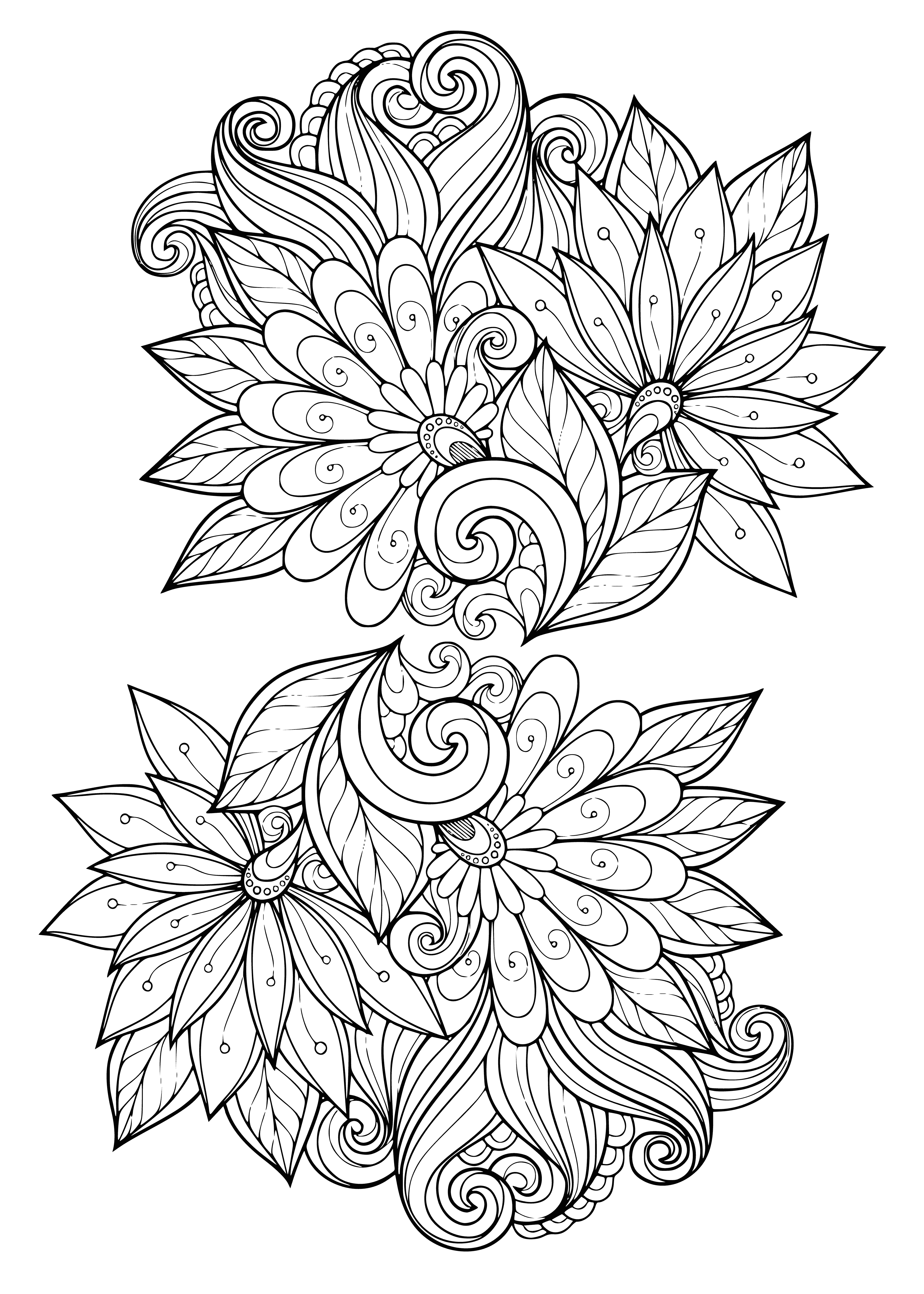 coloring page: A colorful flower-filled coloring page with roses, daisies, sunflowers and more. Leaves and stems abound! #coloringpage #flowers