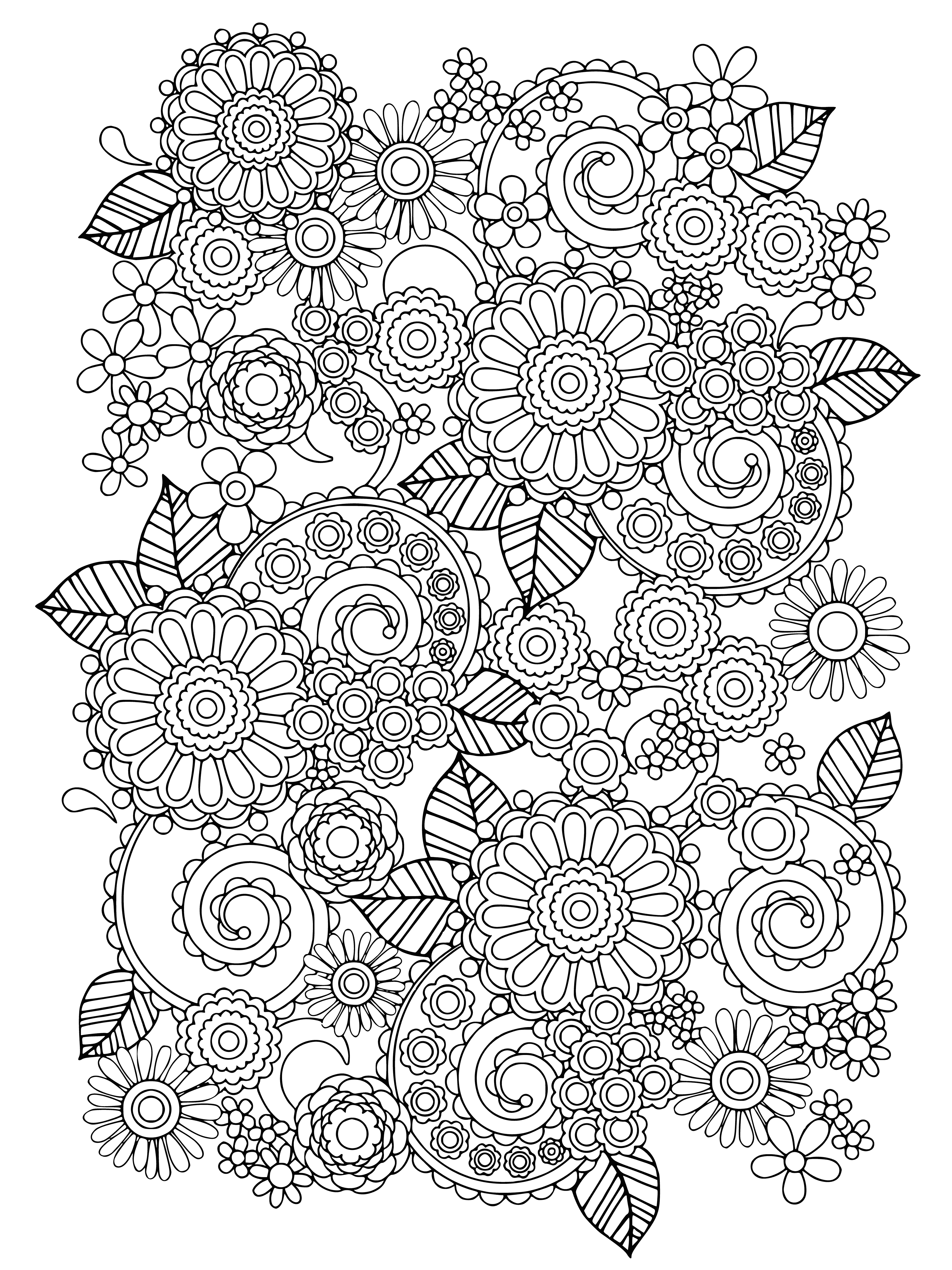 coloring page: Adult coloring pages featuring flowers - all different colors, multi-colored petals, and leaves. A beautiful way to relax! #coloring