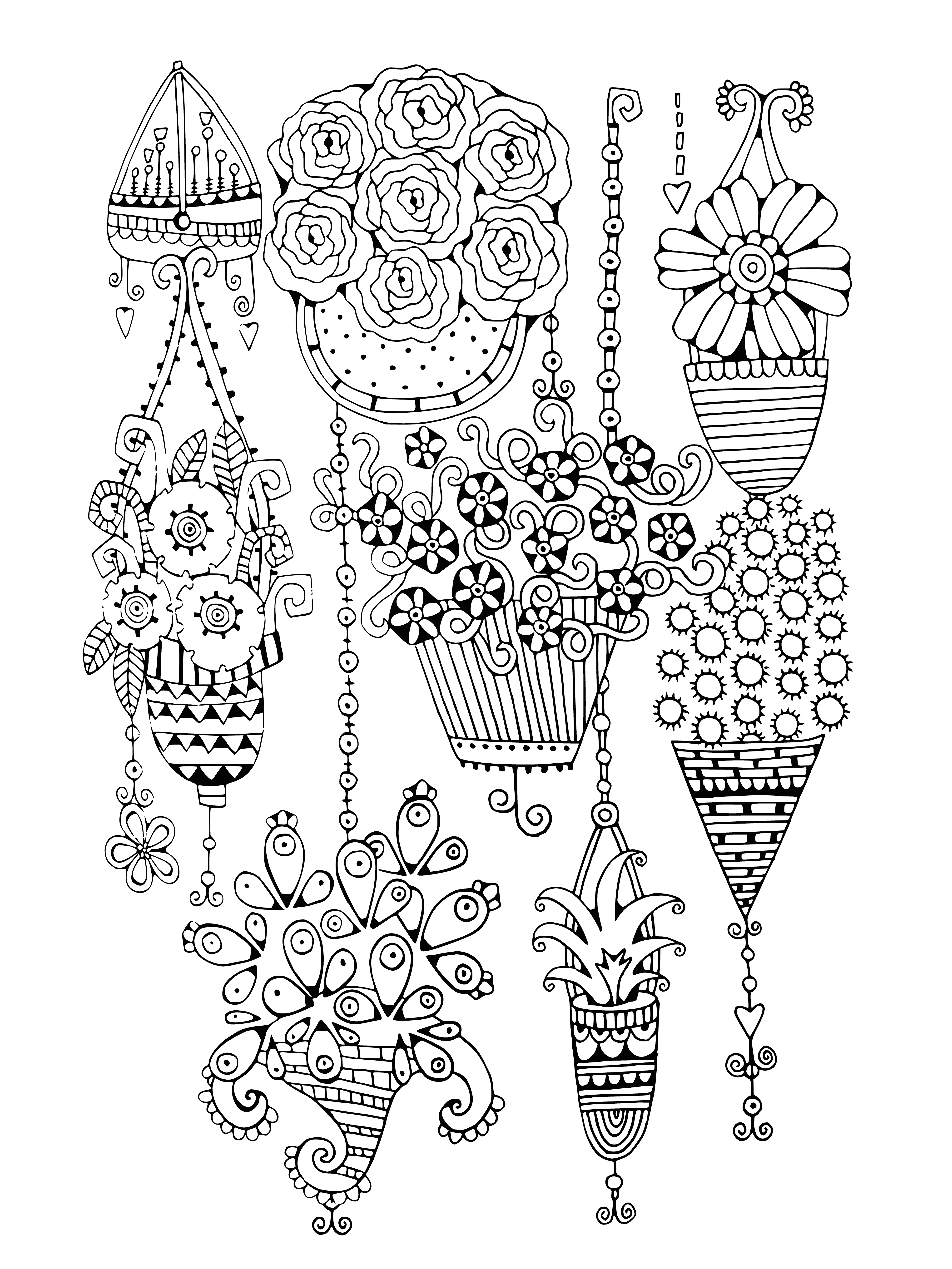 coloring page: 3 flowers in pots: yellow, pink, & purple. All have yellow centers & green leaves. #coloringpage