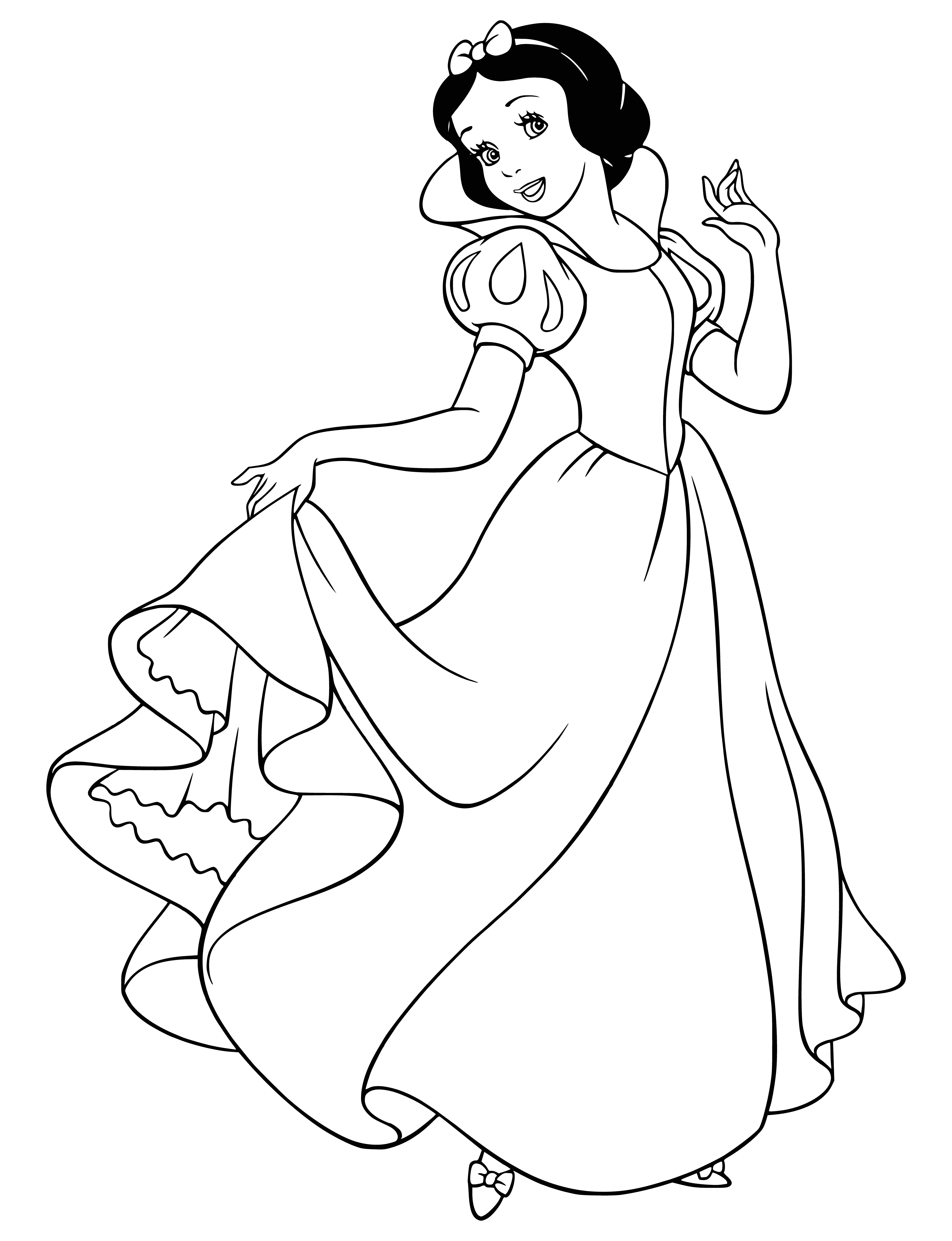 coloring page: Snow White is a beautiful young woman with long dark hair and pale skin, adorned in a white dress and a matching cloak with a hood. She holds an apple in her hand.