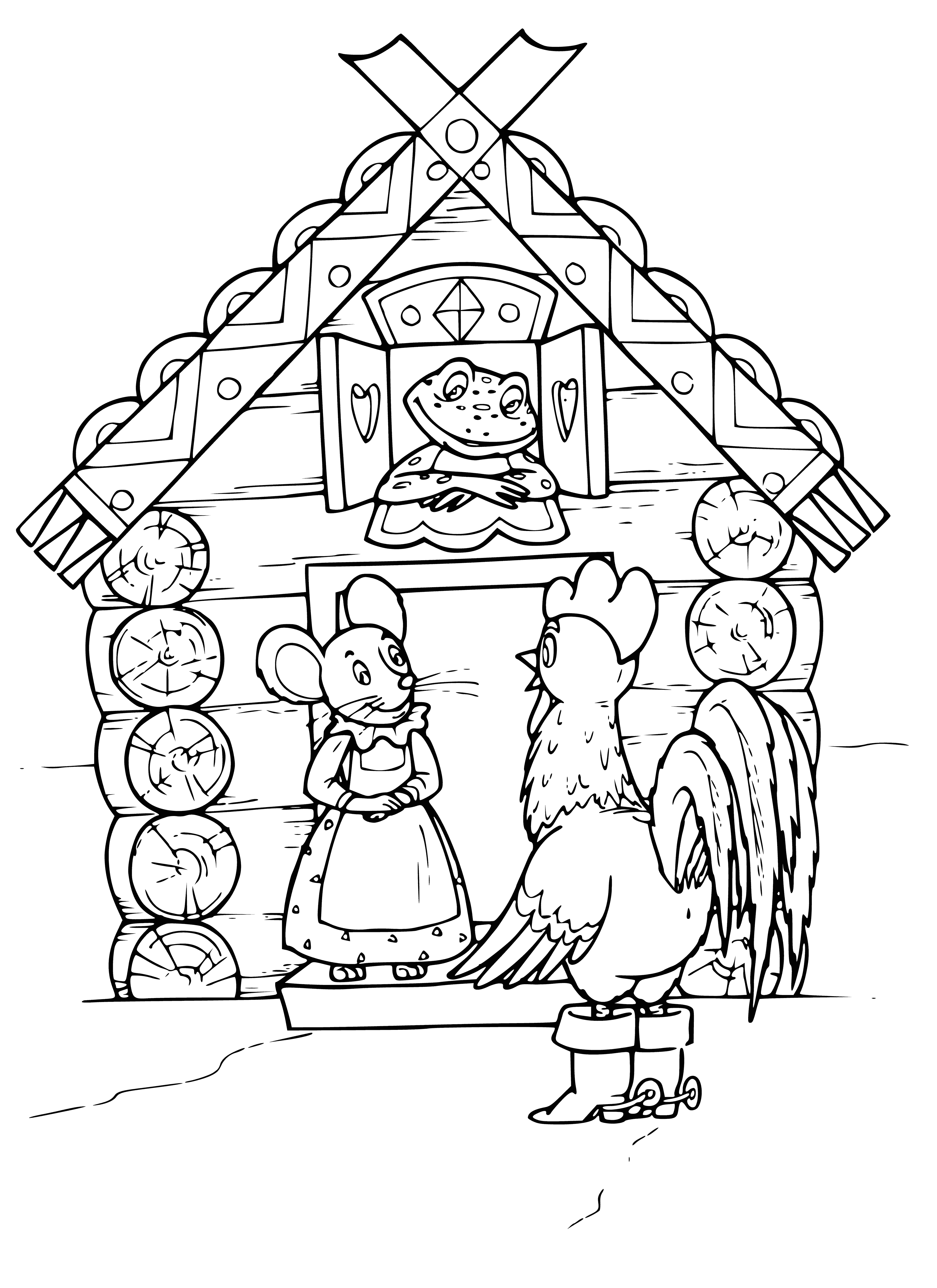 coloring page: Russian folktale castle, Teremok, surrounded by wall/drawbridge. Village left, forest right, mountain in distance.