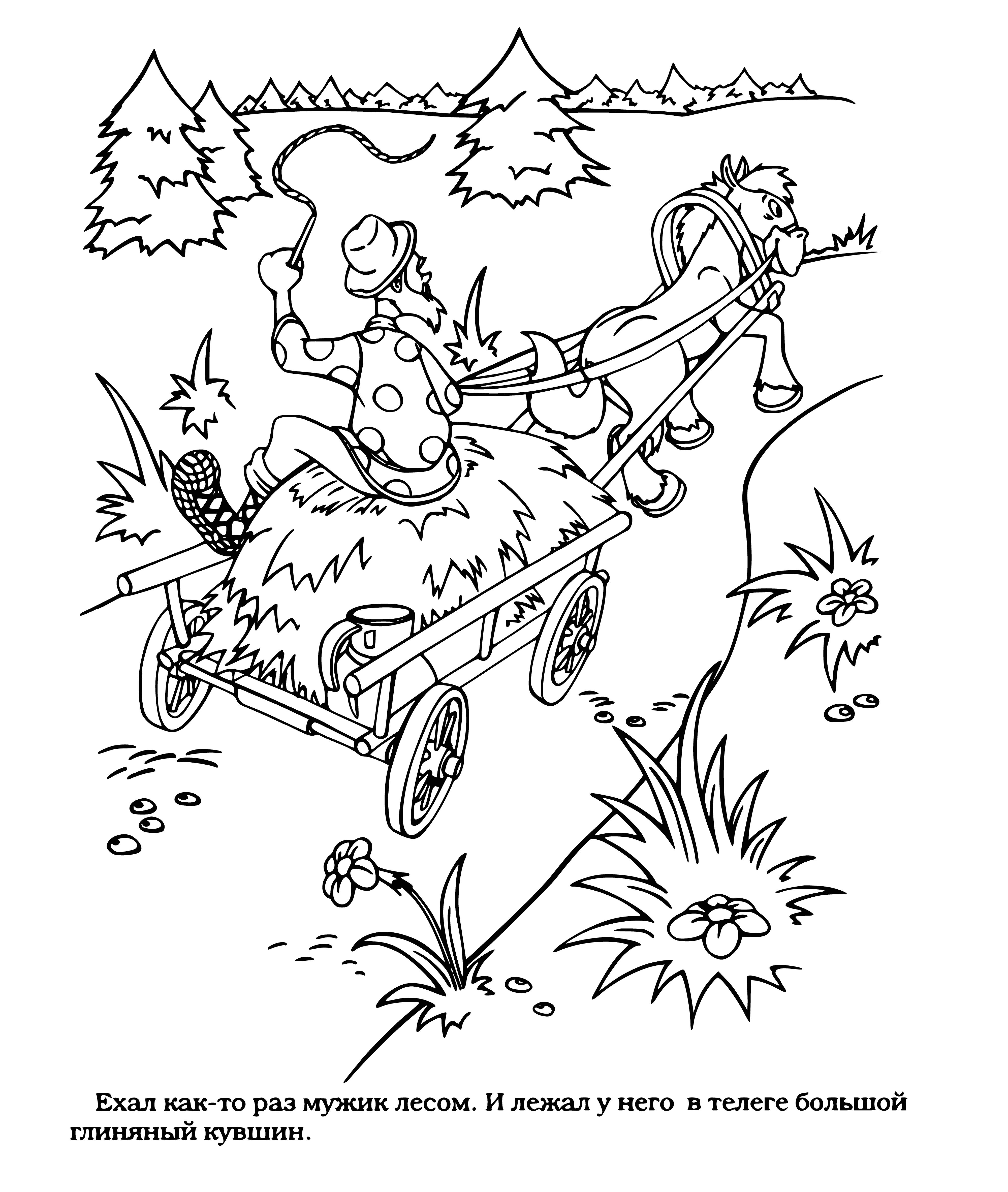 coloring page: A man rides a horse through a field wearing a blue shirt, red scarf, and black hat with a sack over his shoulder. #ridethroughthefield