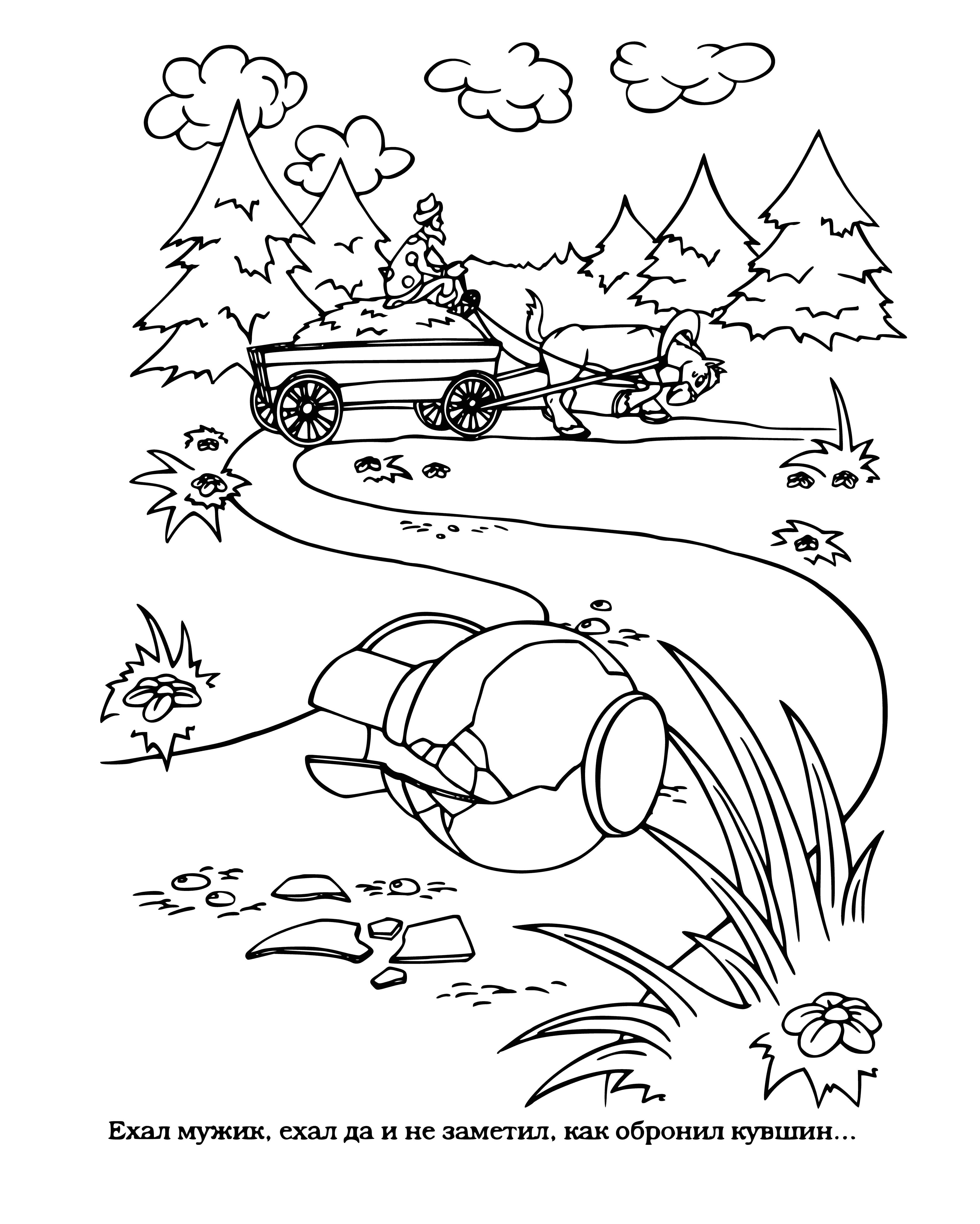 coloring page: Russian man drops large pitcher, worries as he looks at broken pieces. Behind him beautiful Russian landscape w/hills & river.