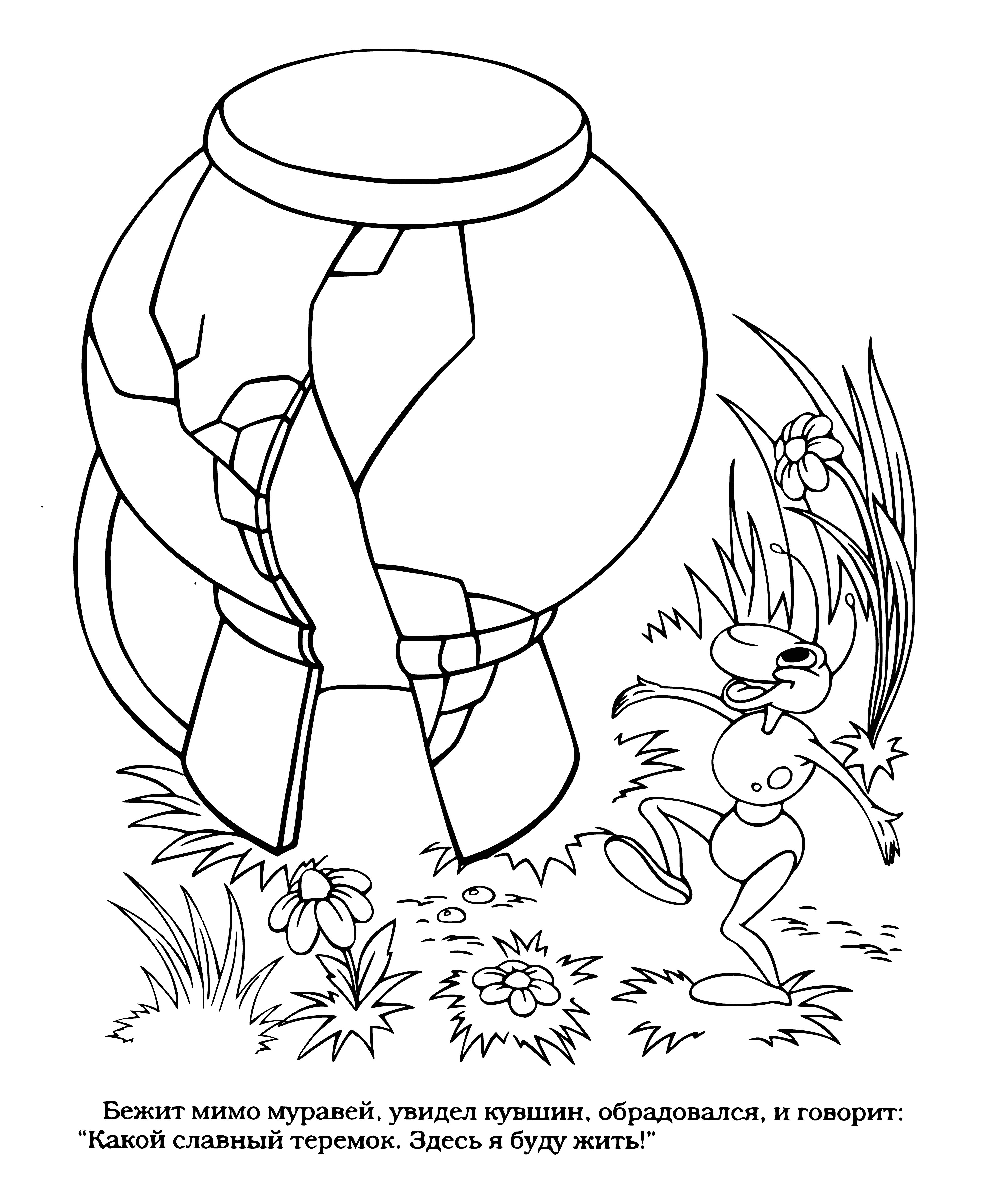 coloring page: A cozy teremok with a green roof and a tree with a swing where a little girl frolics.