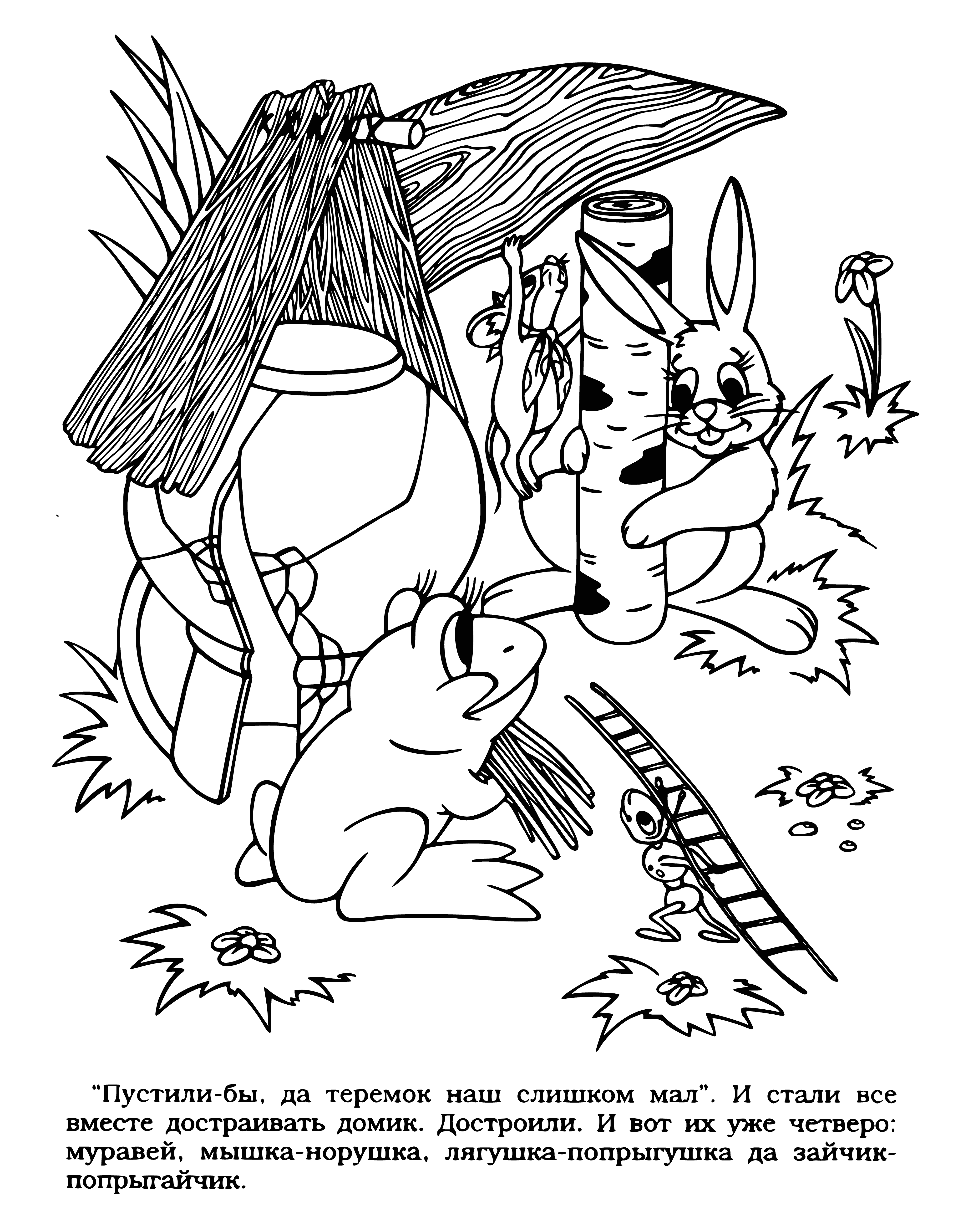 coloring page: A white rabbit in a green field holds a red flower in its mouth. Trees and mountains in the background complete the scene. #folktale