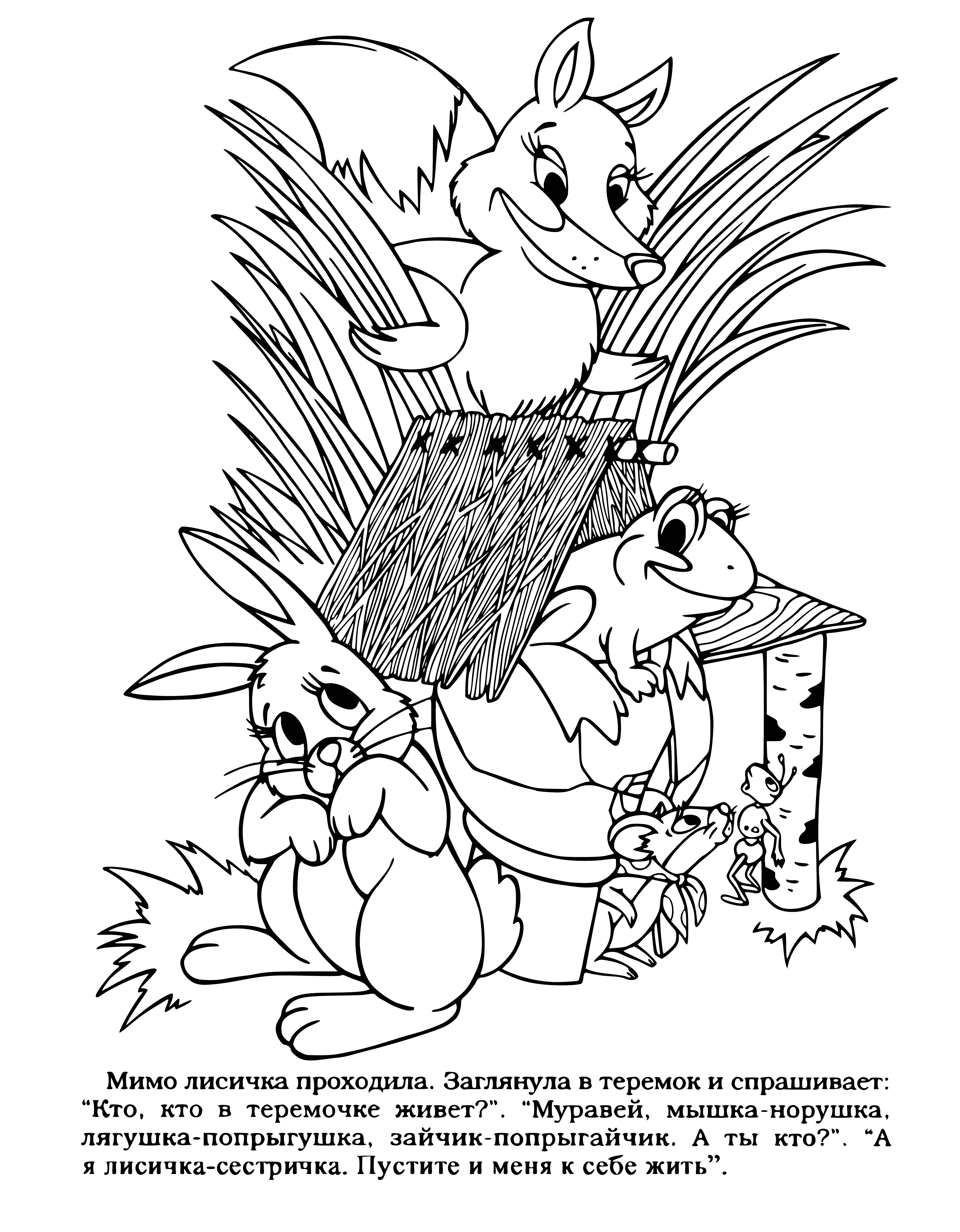 coloring page: Woman sternly knitting while fox looks up, mischievously trying to get her to feed it.