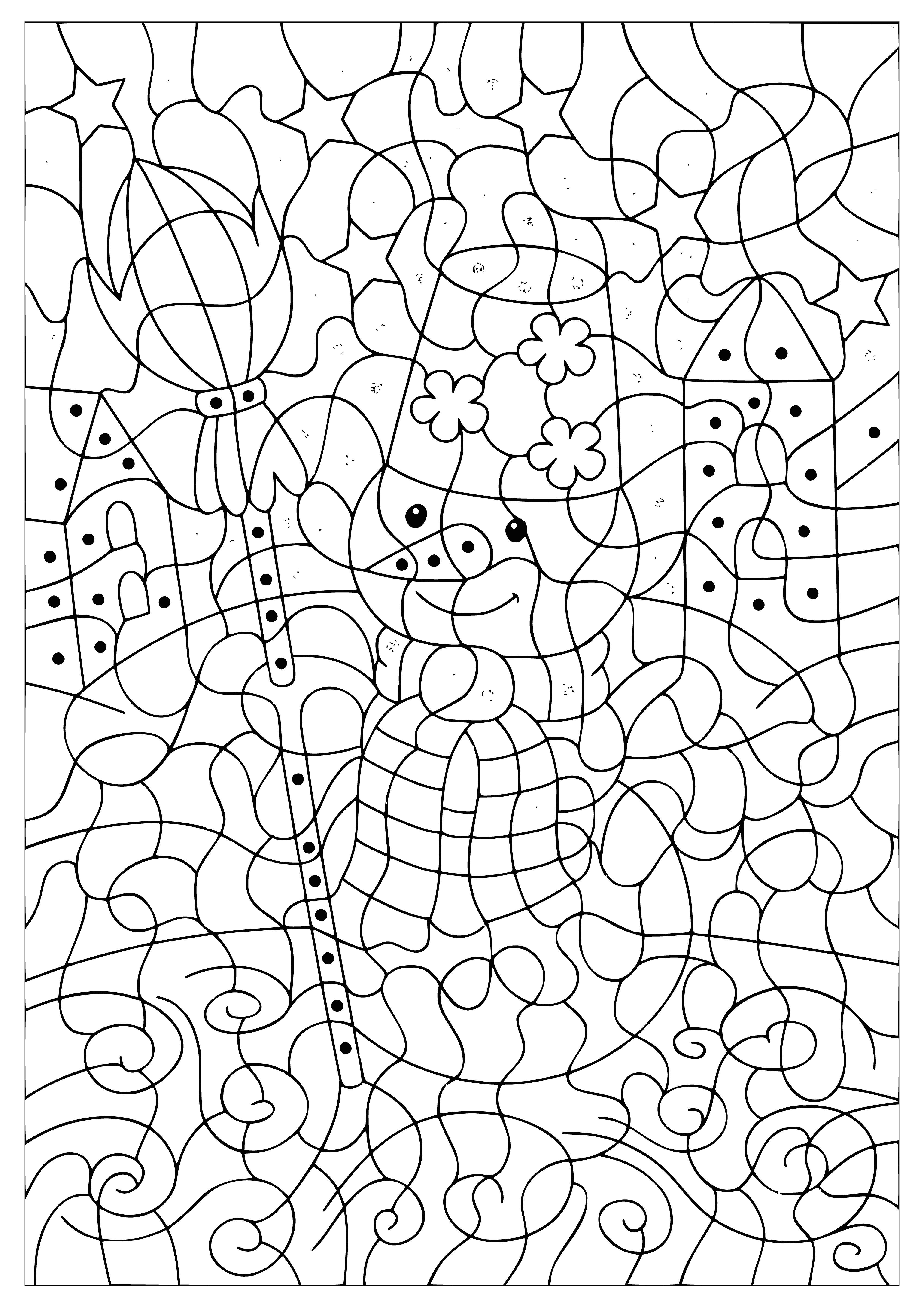 coloring page: A snowman with black eyes, a carrot nose, a top hat, and a red scarf stands off-center in the page.
