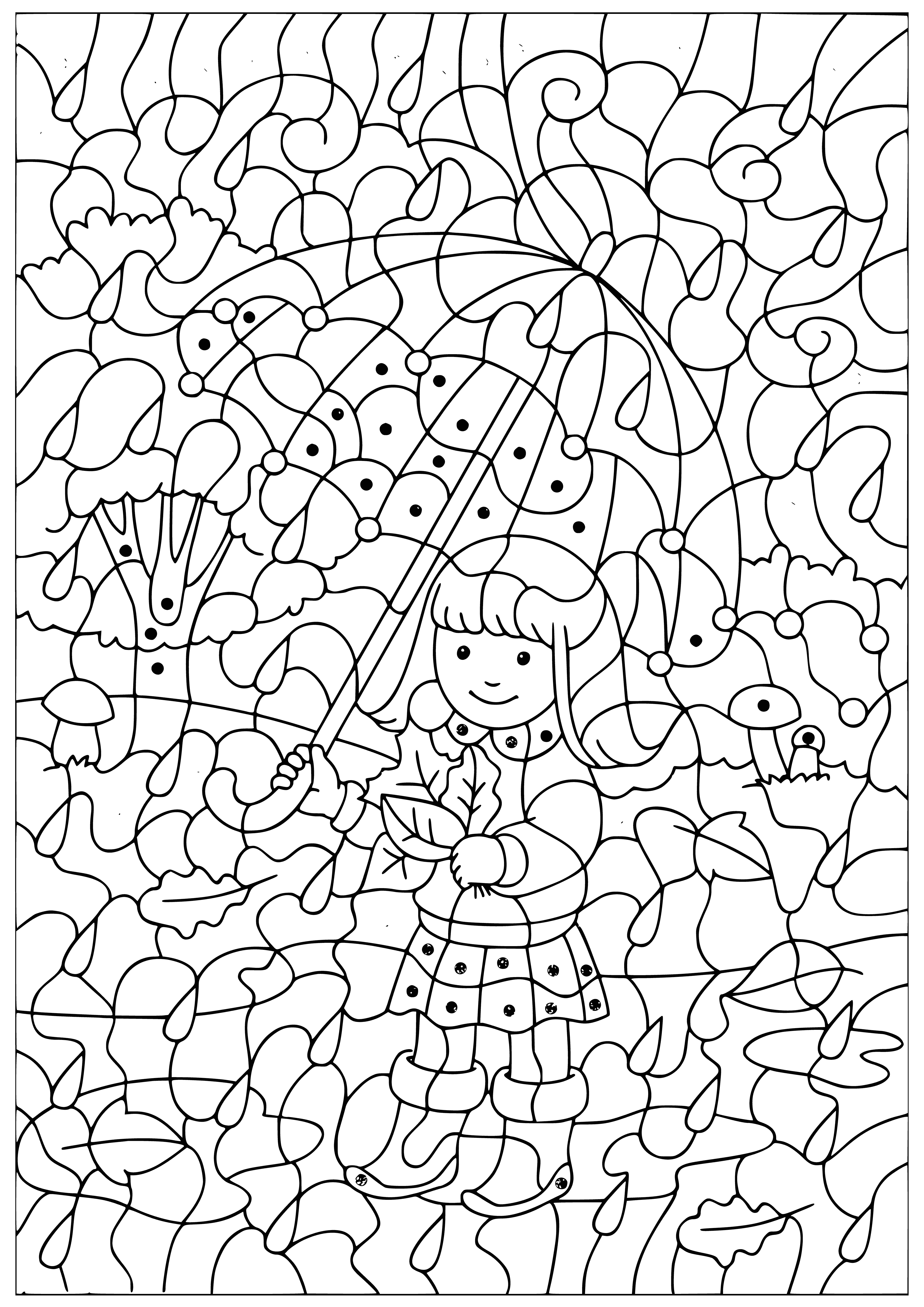 coloring page: She is enjoying the feel and smell of the rain. 
Girl walks in rain w/umbrella, enjoying feel & smell of rain. #RainyDay