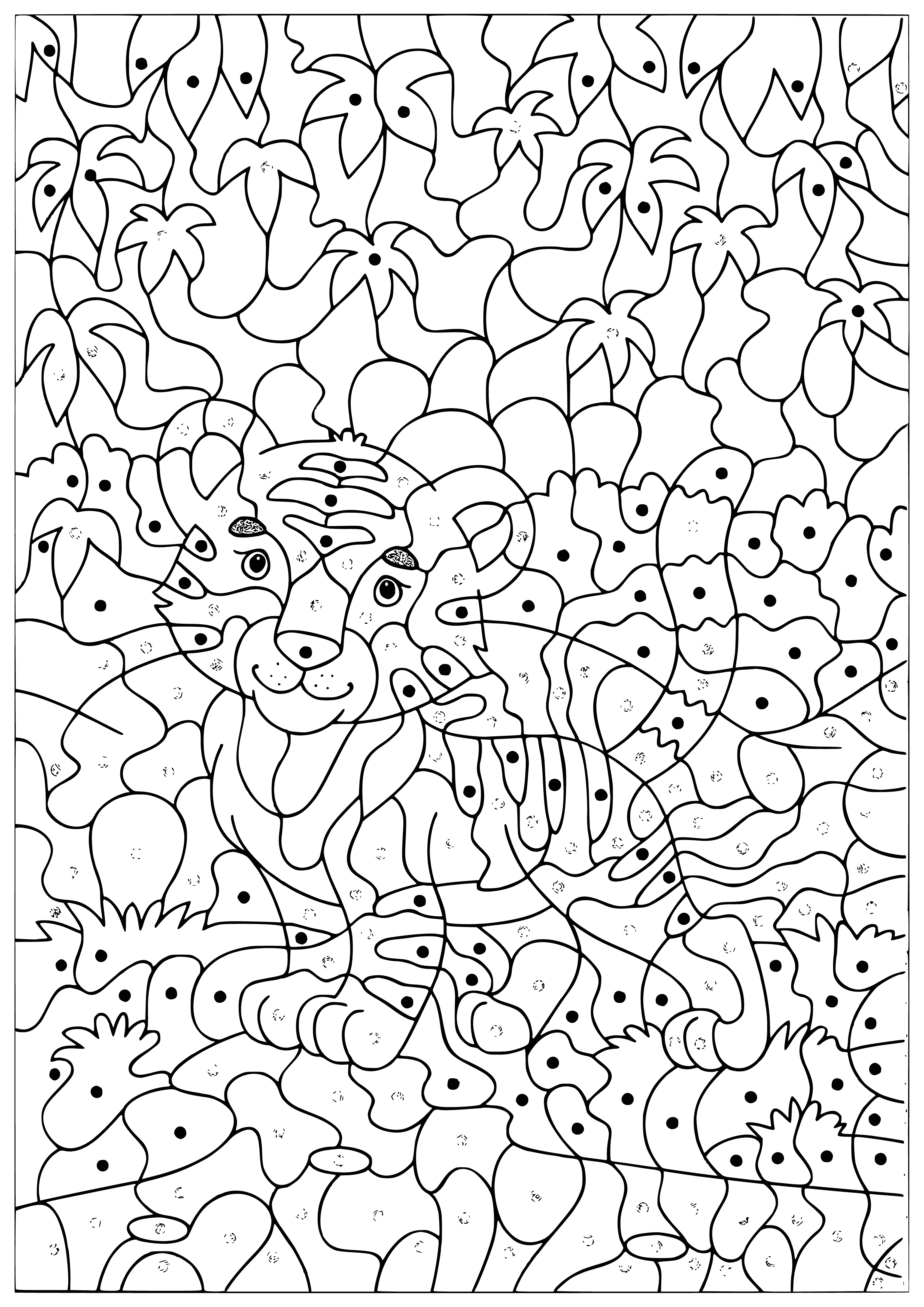 coloring page: Cute tiger cub sits with back to viewer, orange fur w/black stripes, white belly & paws, head turned to side, ears perked, green eyes.