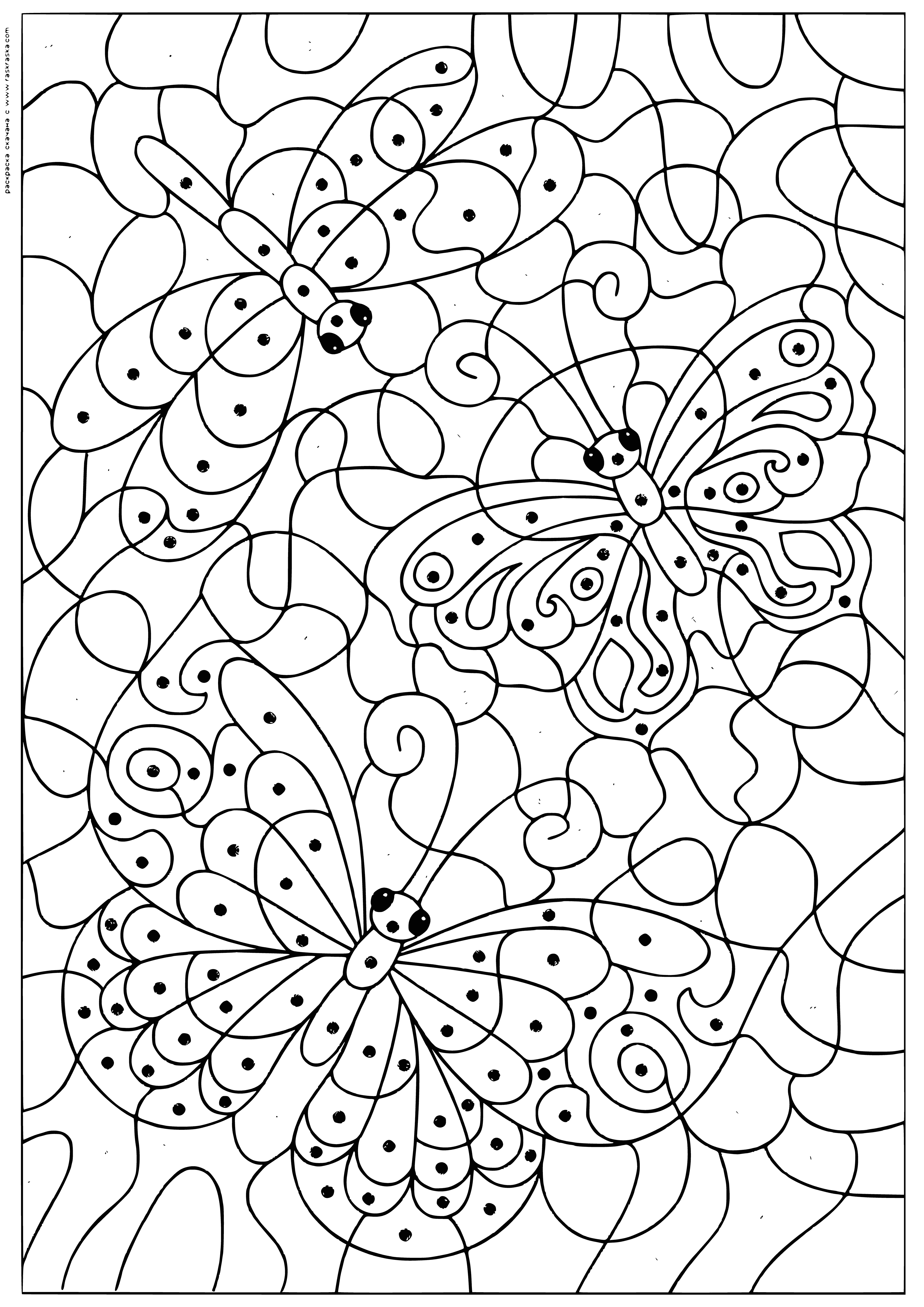 coloring page: Two flying insects--dragonfly (yellow/black) & butterfly (blue/yellow spots)--near flowers in coloring page.