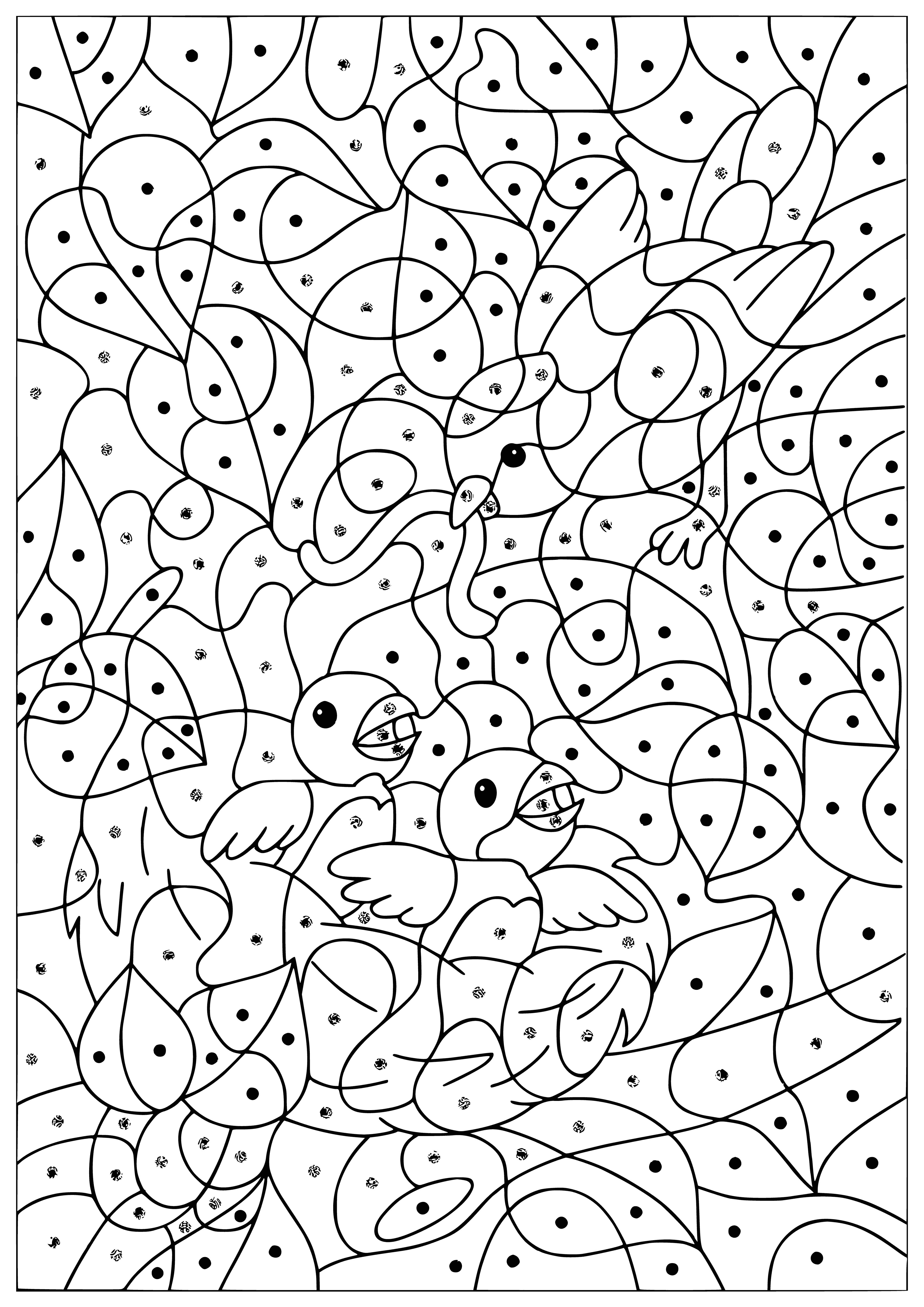 coloring page: Chicks in line: Red, Green, Blue, etc.