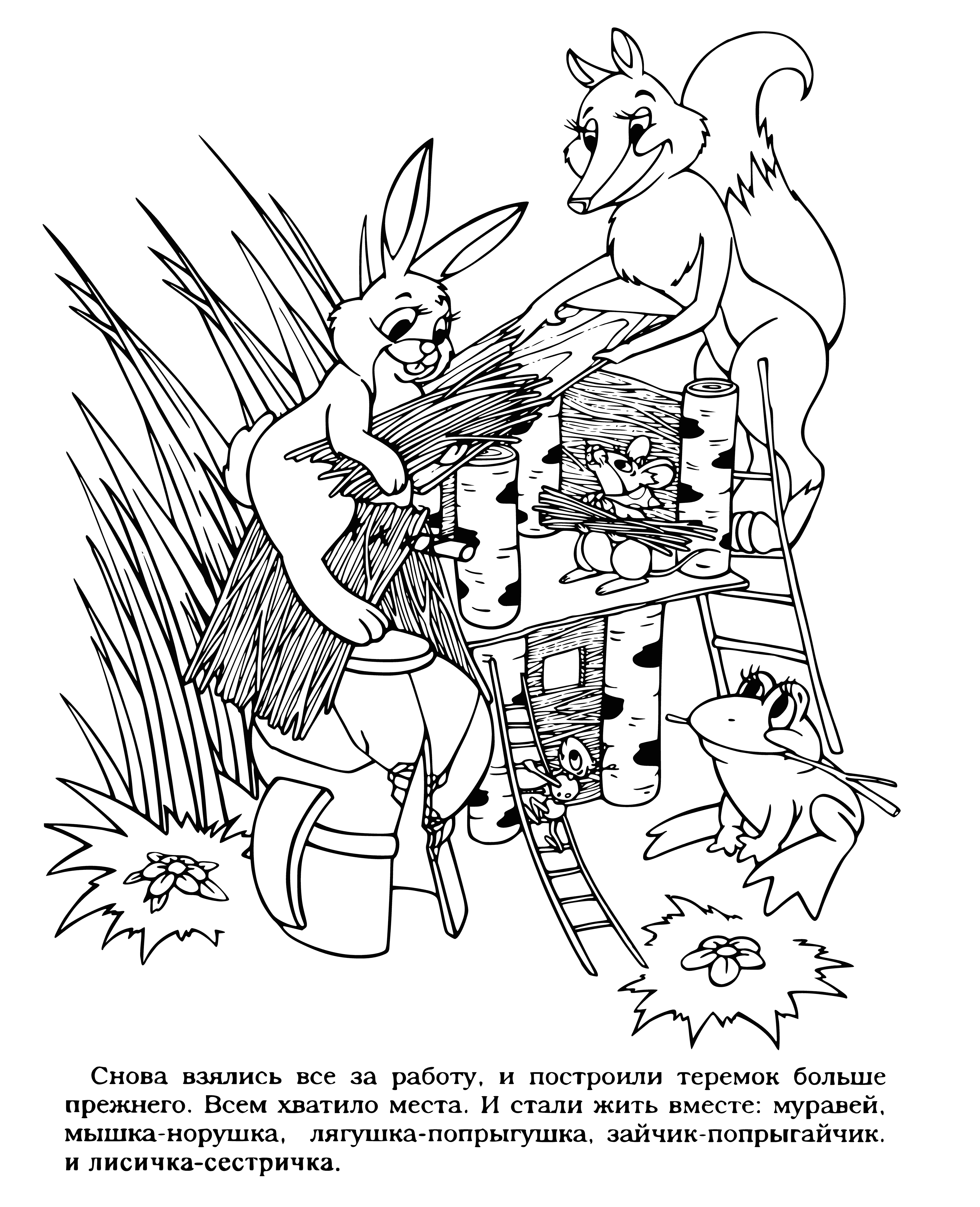coloring page: A small girl stands in front of a forest house w/ a thatched roof, chimney, door & window. She holds a basket of mushrooms & wears a red dress & white scarf.