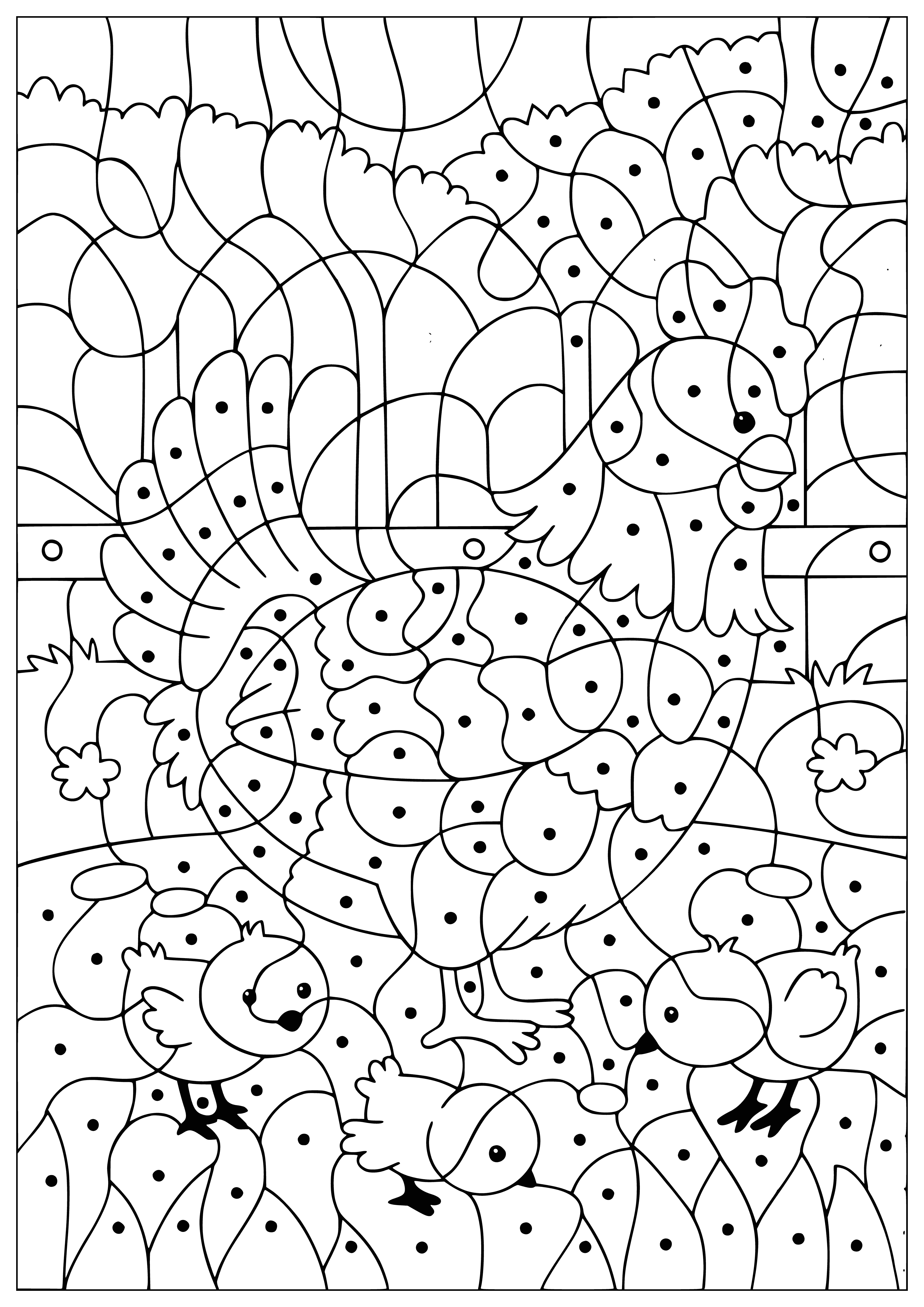 coloring page: Big chicken with multicolored chicks sits in center of coloring page.