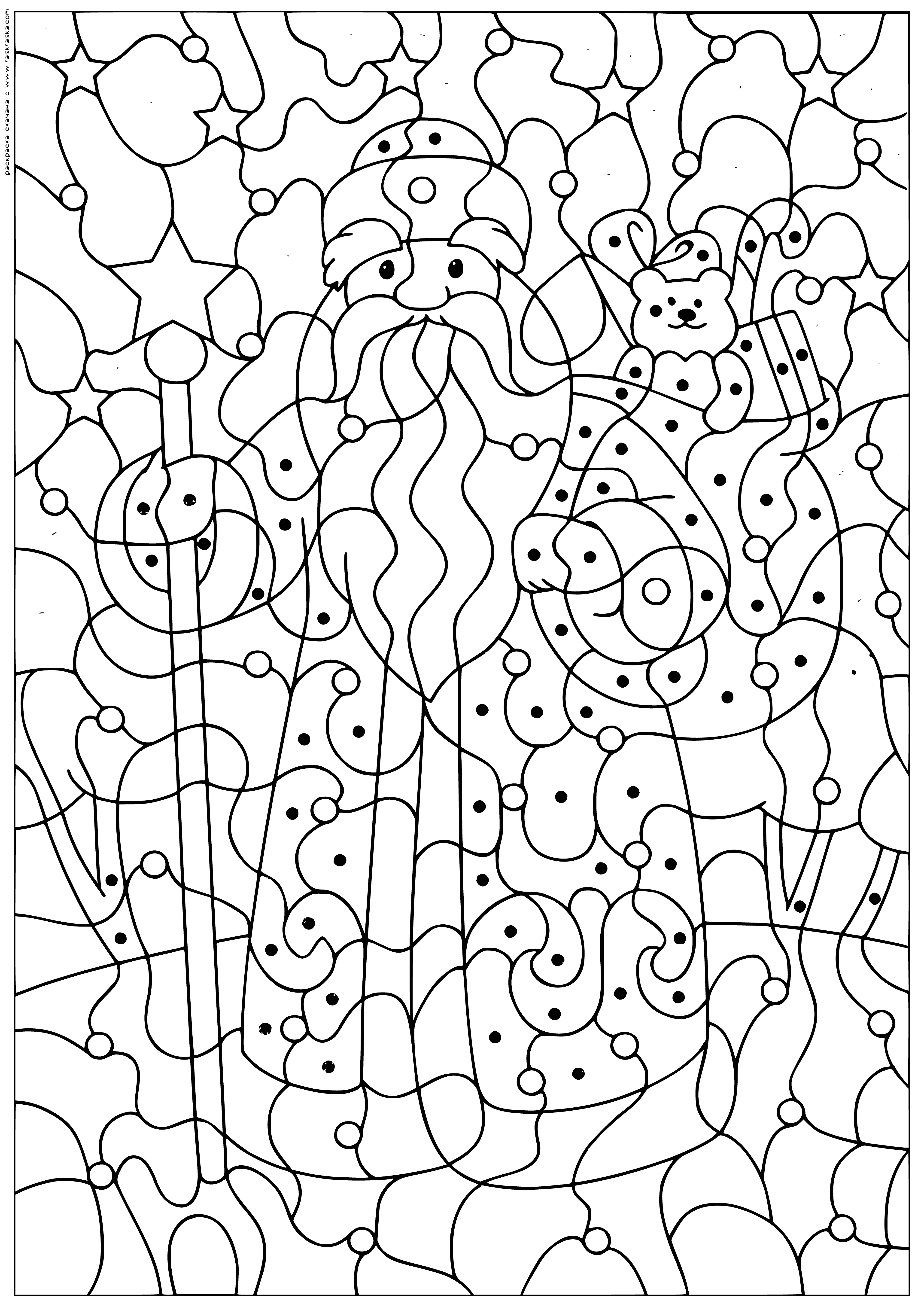 coloring page: Santa stands in front of a fireplace, holding a candy cane and presents. Christmas tree decorated with red, white, and gold, stands in the corner.