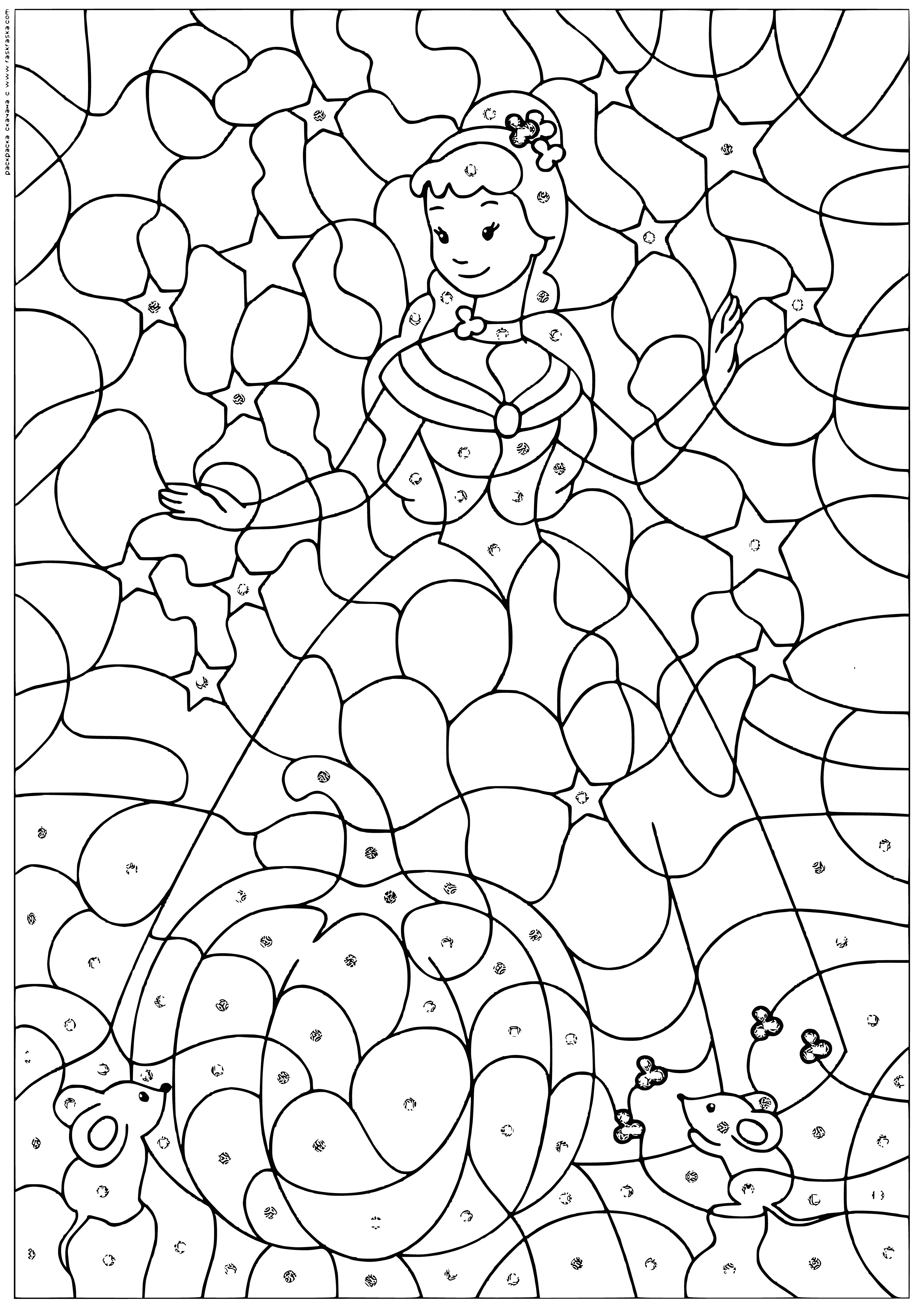 coloring page: Cinderella and prince hold hands in front of castle, she in blue dress and white cape, pumpkin near them.