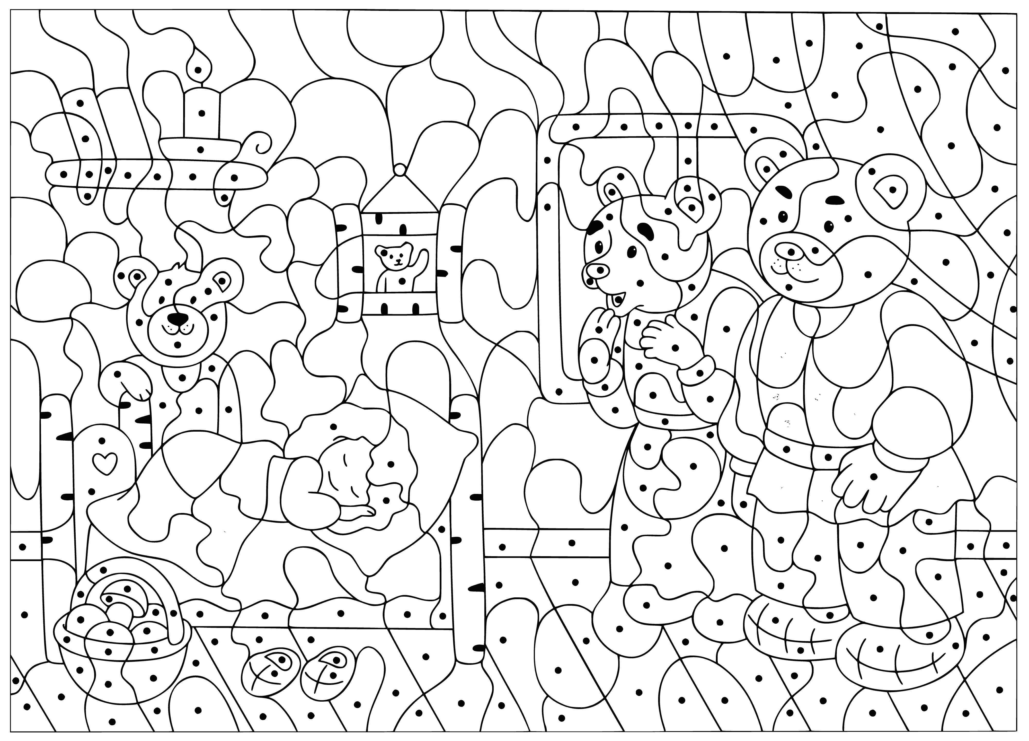 coloring page: 3 bears (brown, black, white) standing, big bear w/ arms in air, medium bear arms by sides, small bear arms around big bear, looking off to the side.
