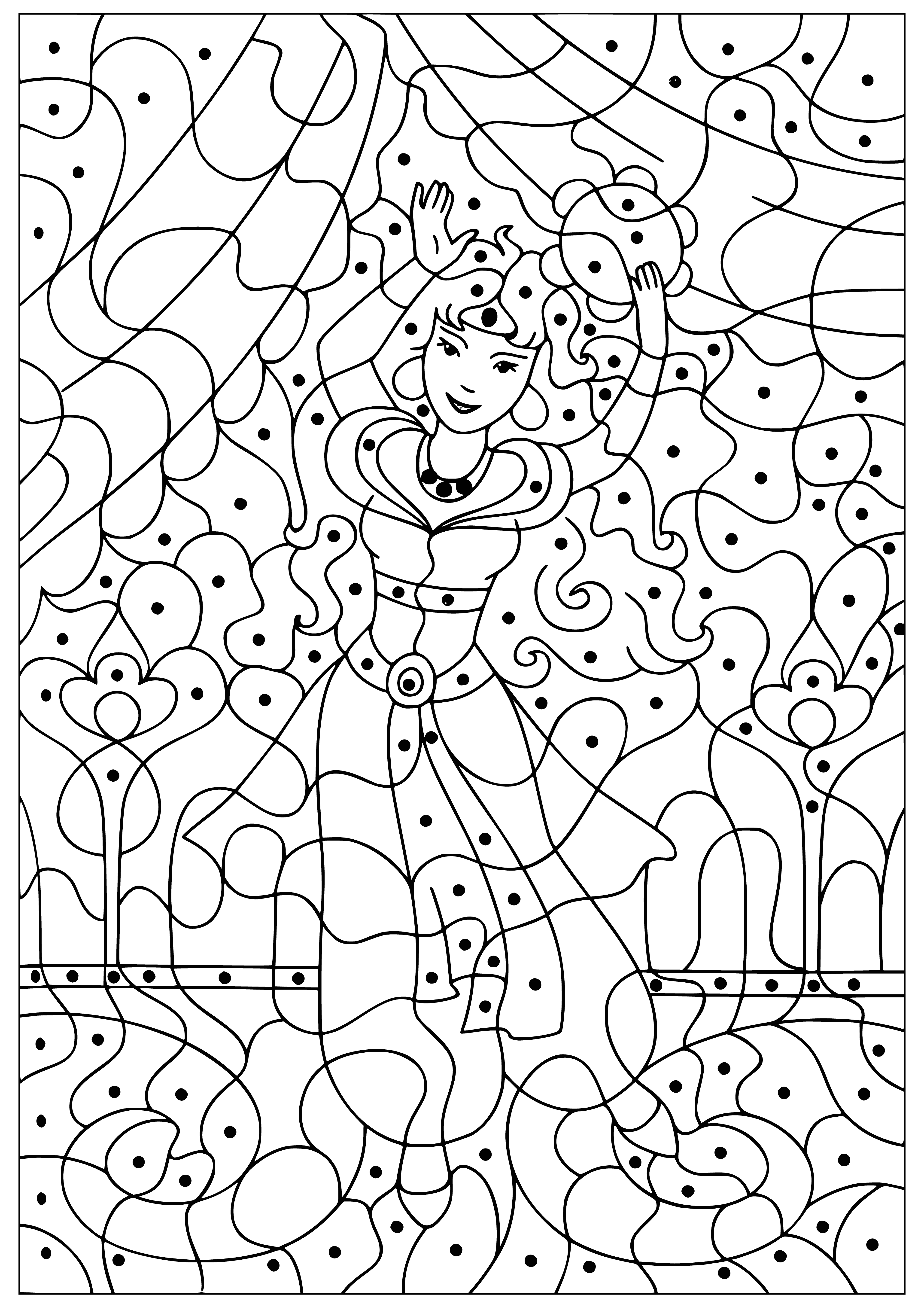 coloring page: Group of people dancing in a circle wearing colorful clothing, waving flags, and smiling. Having a good time!