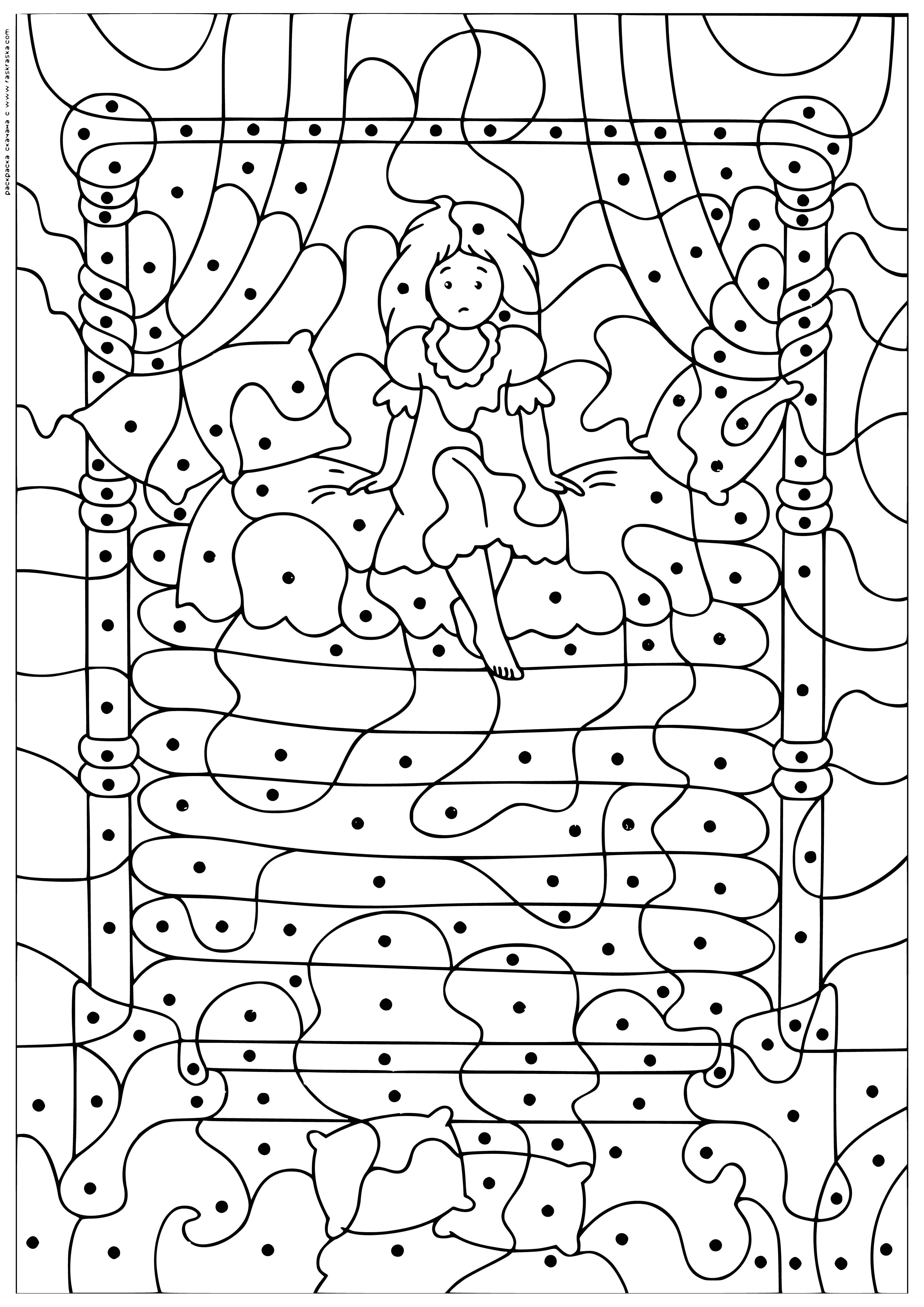coloring page: Princess lies uncomfortably on bed of peas, in pain surrounded by them on the bed & floor.