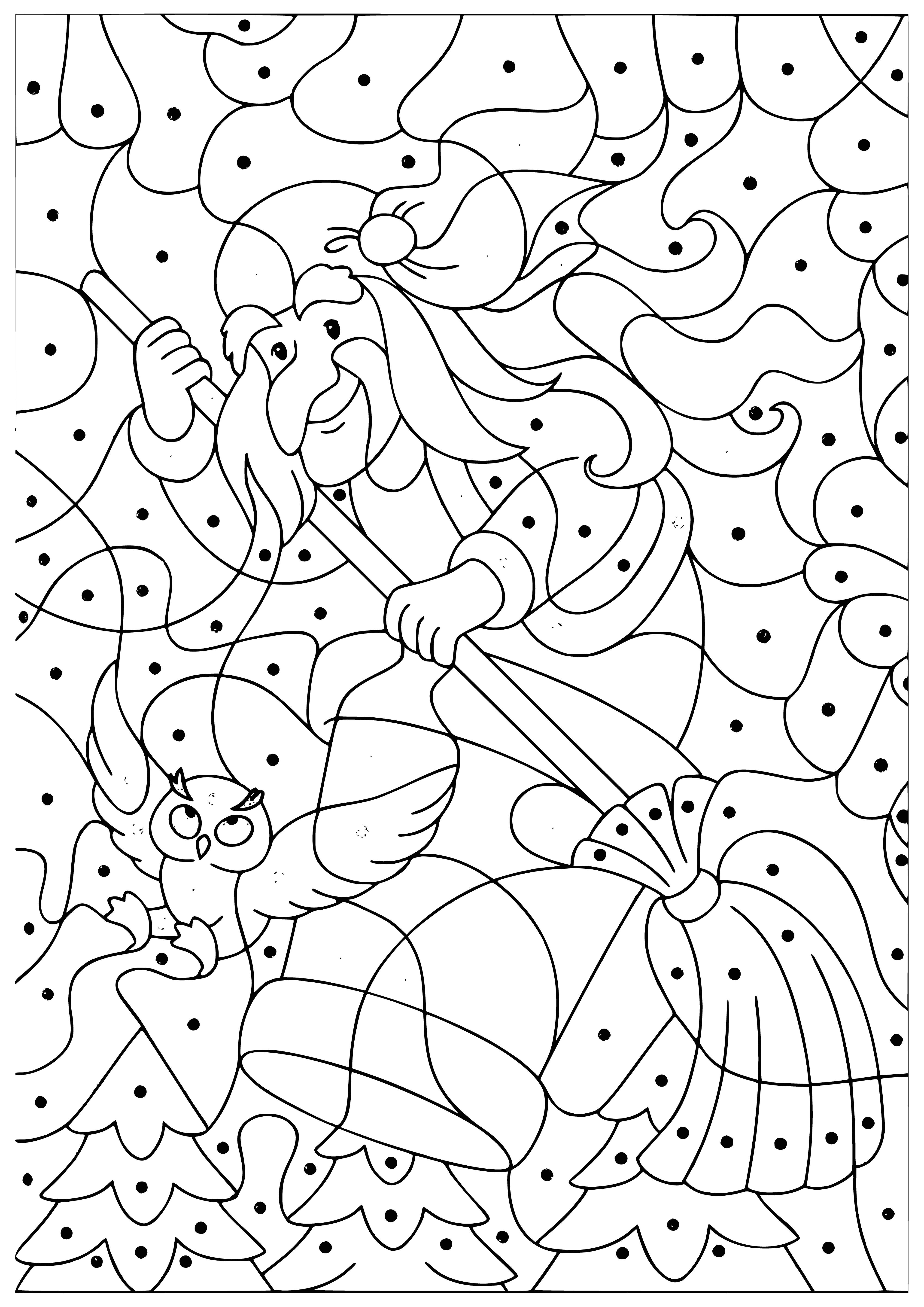 coloring page: A tall, thin woman stands in front of a small hut w/ chicken legs, wearing a blue dress & hat, a staff with a skull on top; a small fire burns.