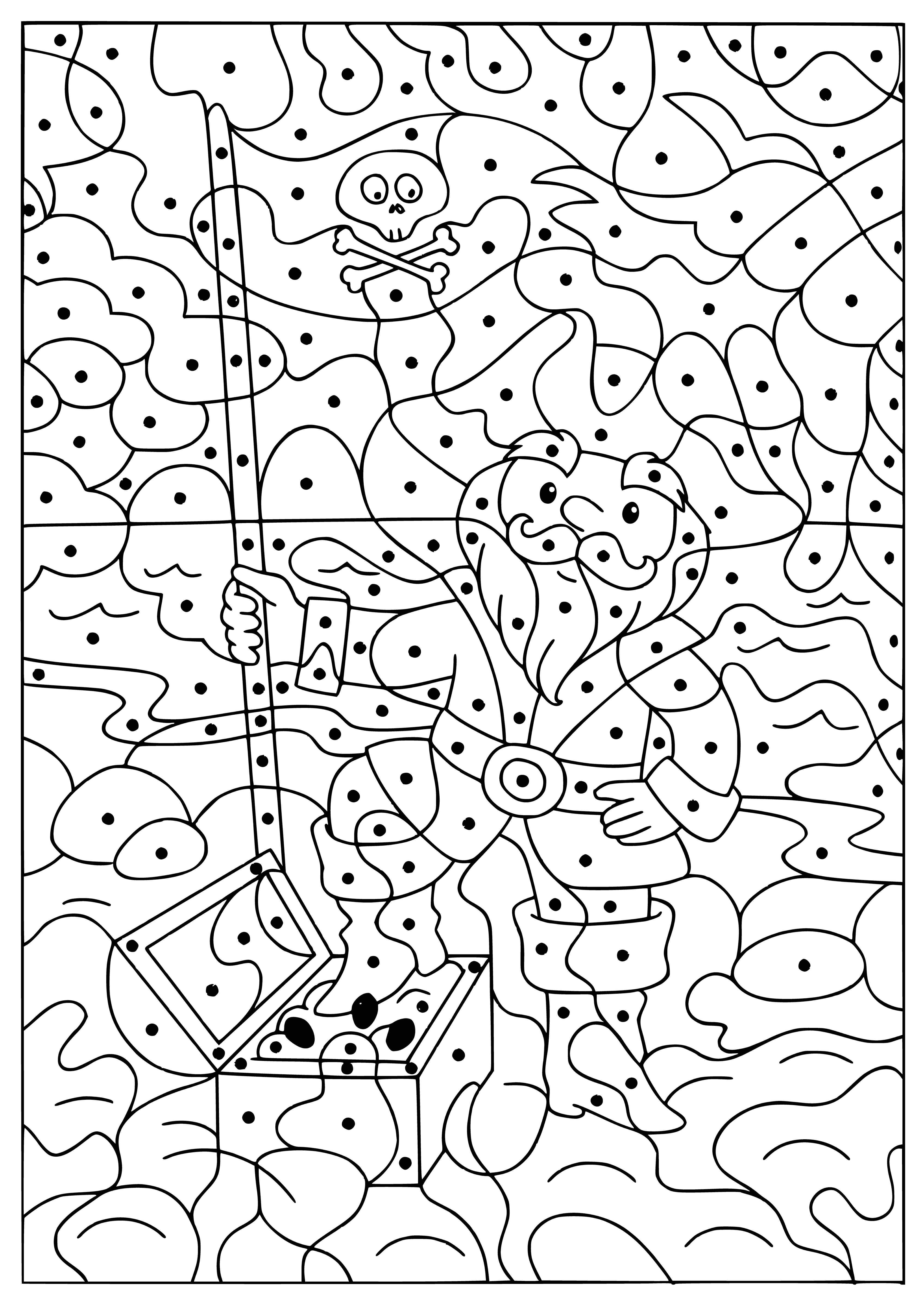coloring page: Pirate on a ship, sword & flag in hand, searching for treasure in a chest. #Yarr #TreasuresAwaits