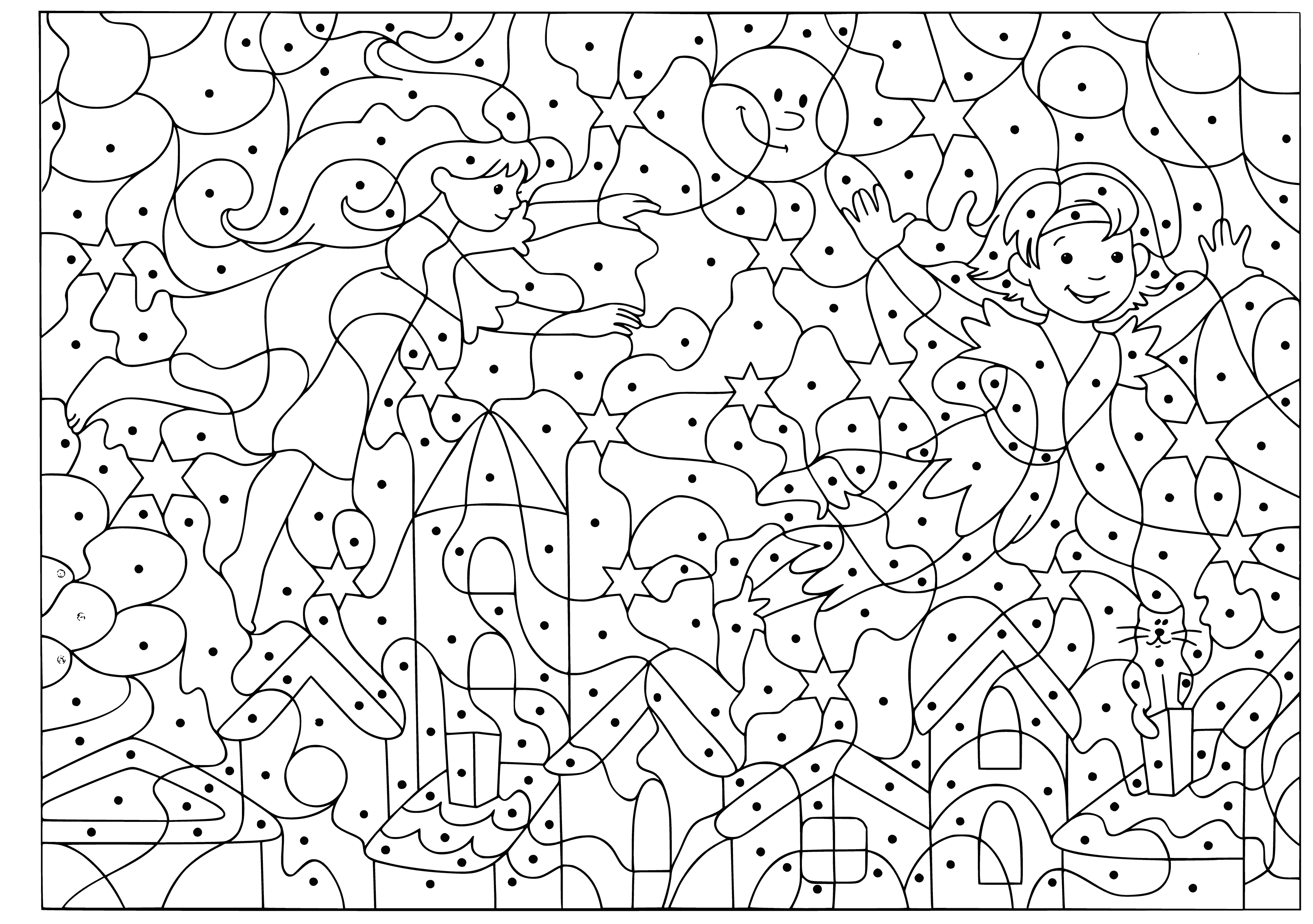 coloring page: A wizard, boy and girl fly around a castle in a blue sky with white clouds.