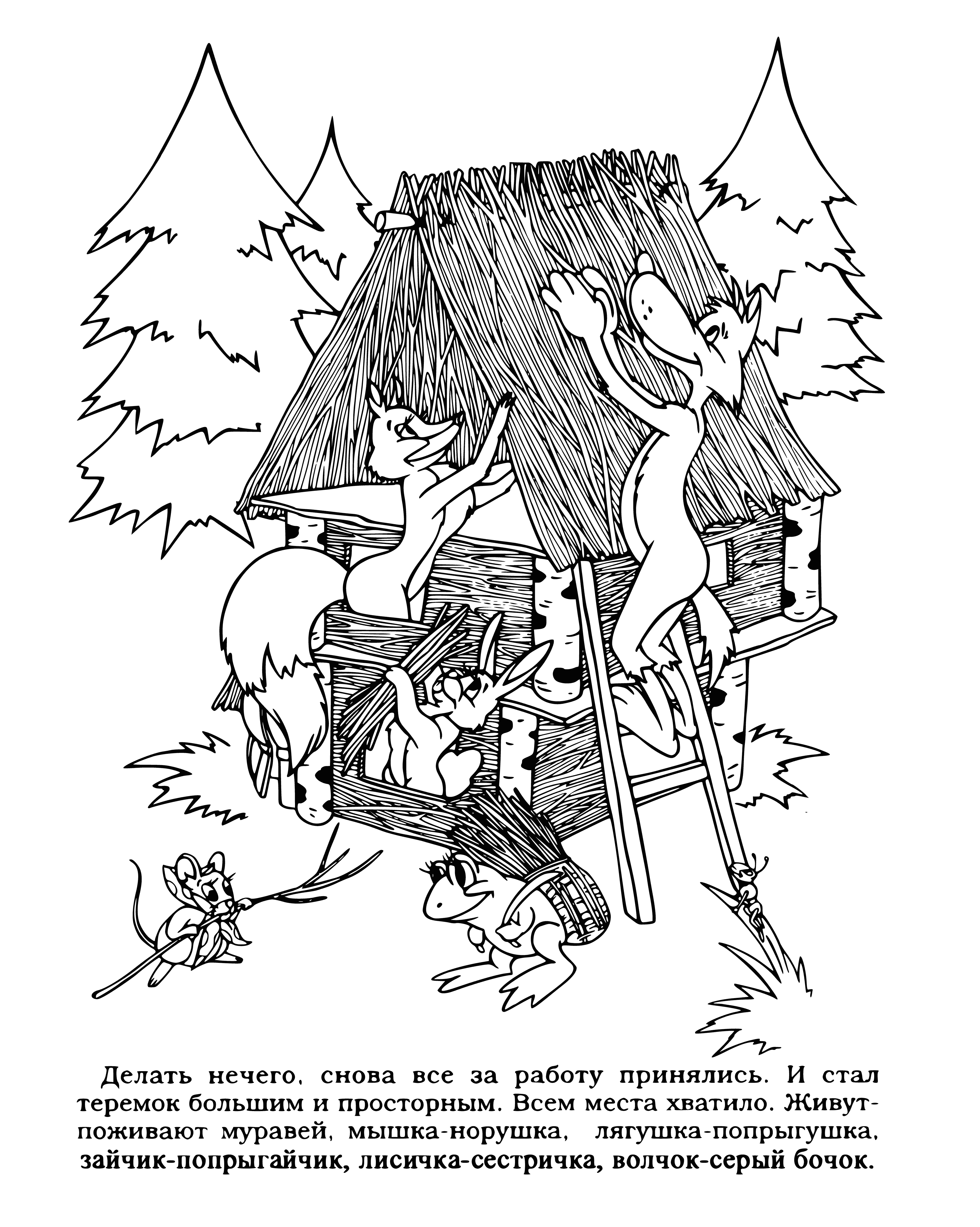 coloring page: Man sawing log in forest, wearing hat and beard.