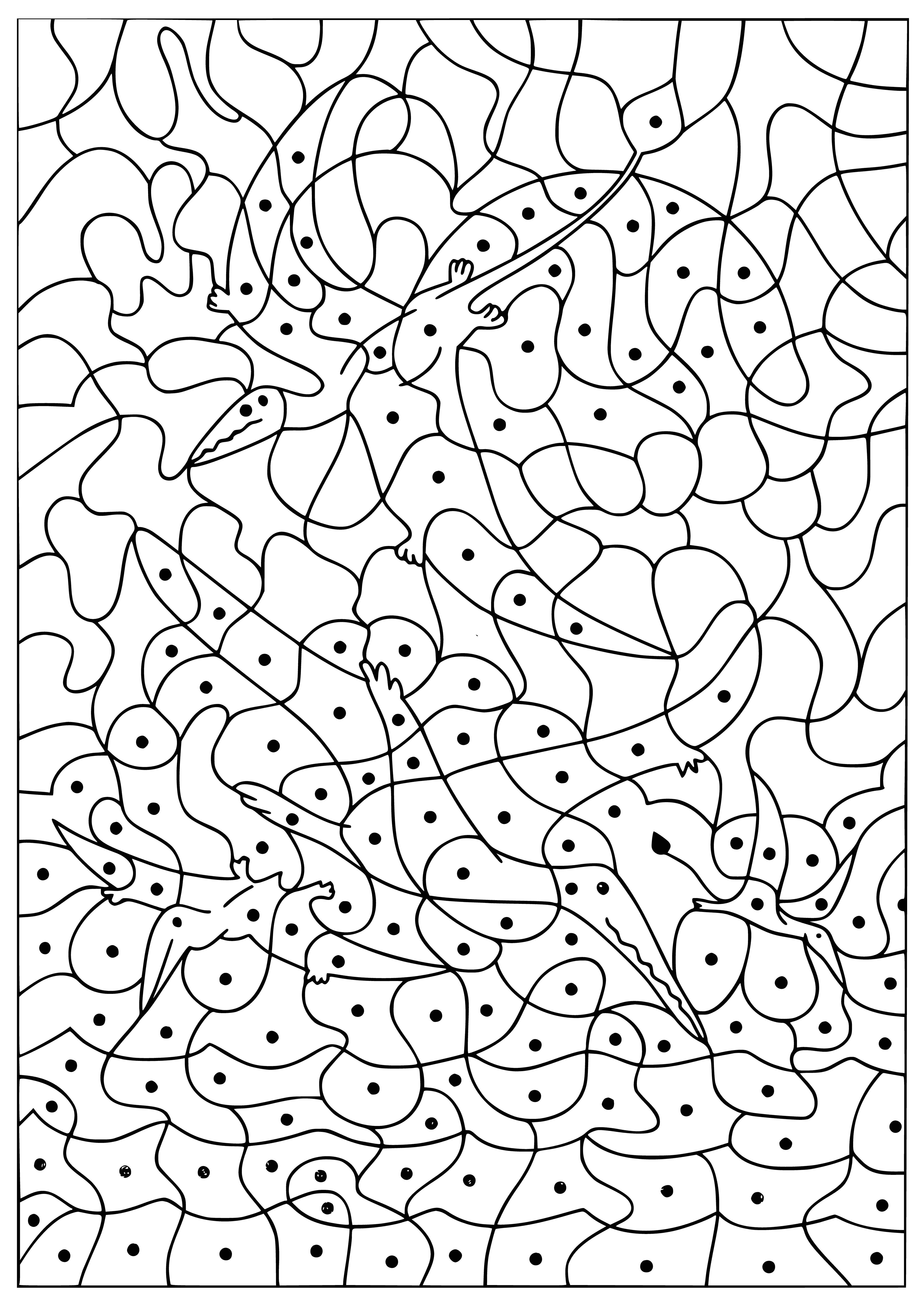 coloring page: Group of bright colored dinosaurs having fun in a landscape of blue sky, green trees & pink flowers.