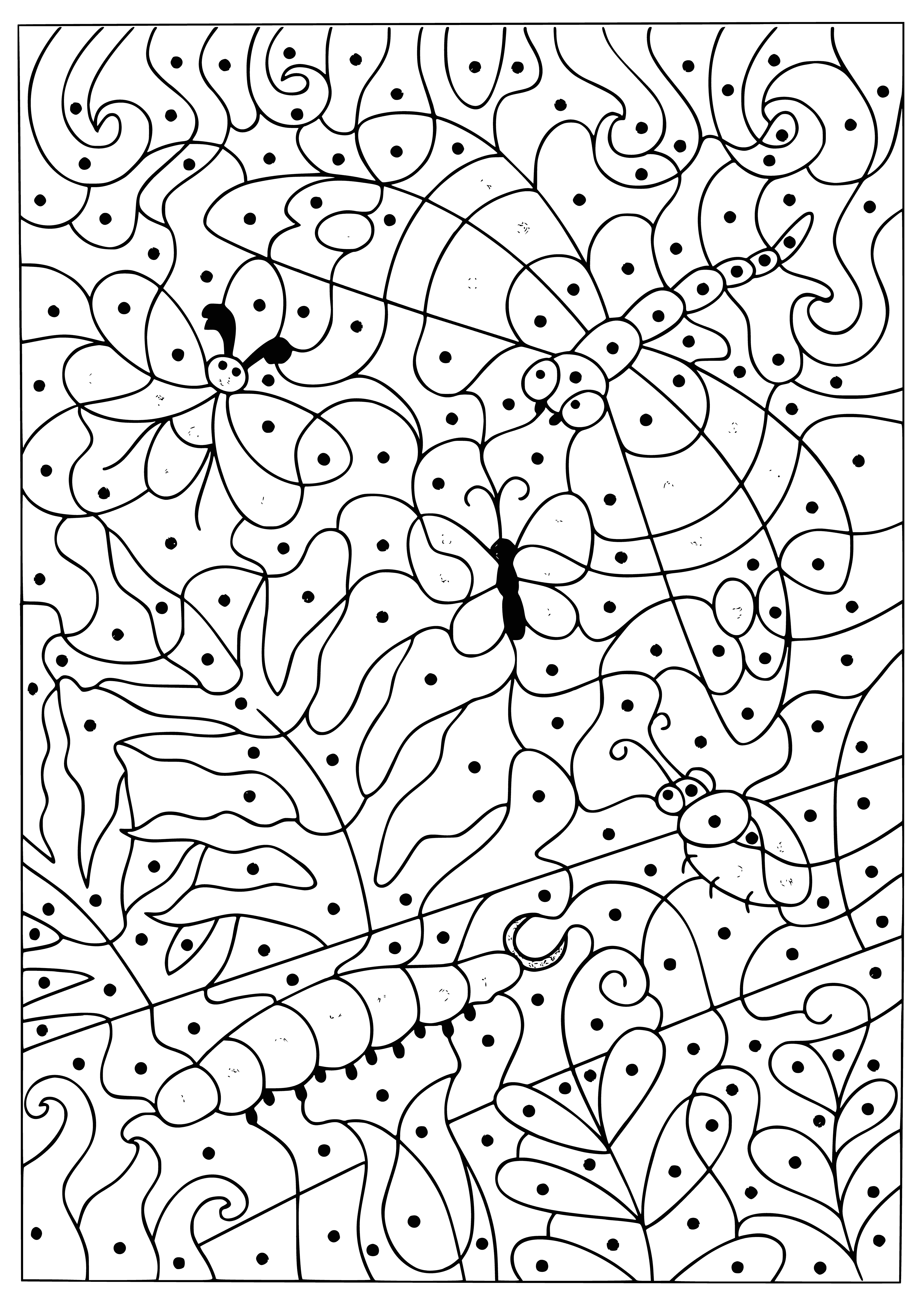 coloring page: Caterpillar, leaves, tree trunk & two birds w/colo'd beaks, white bunny w/black nose, eyes sits in front - a green & colorful scene!