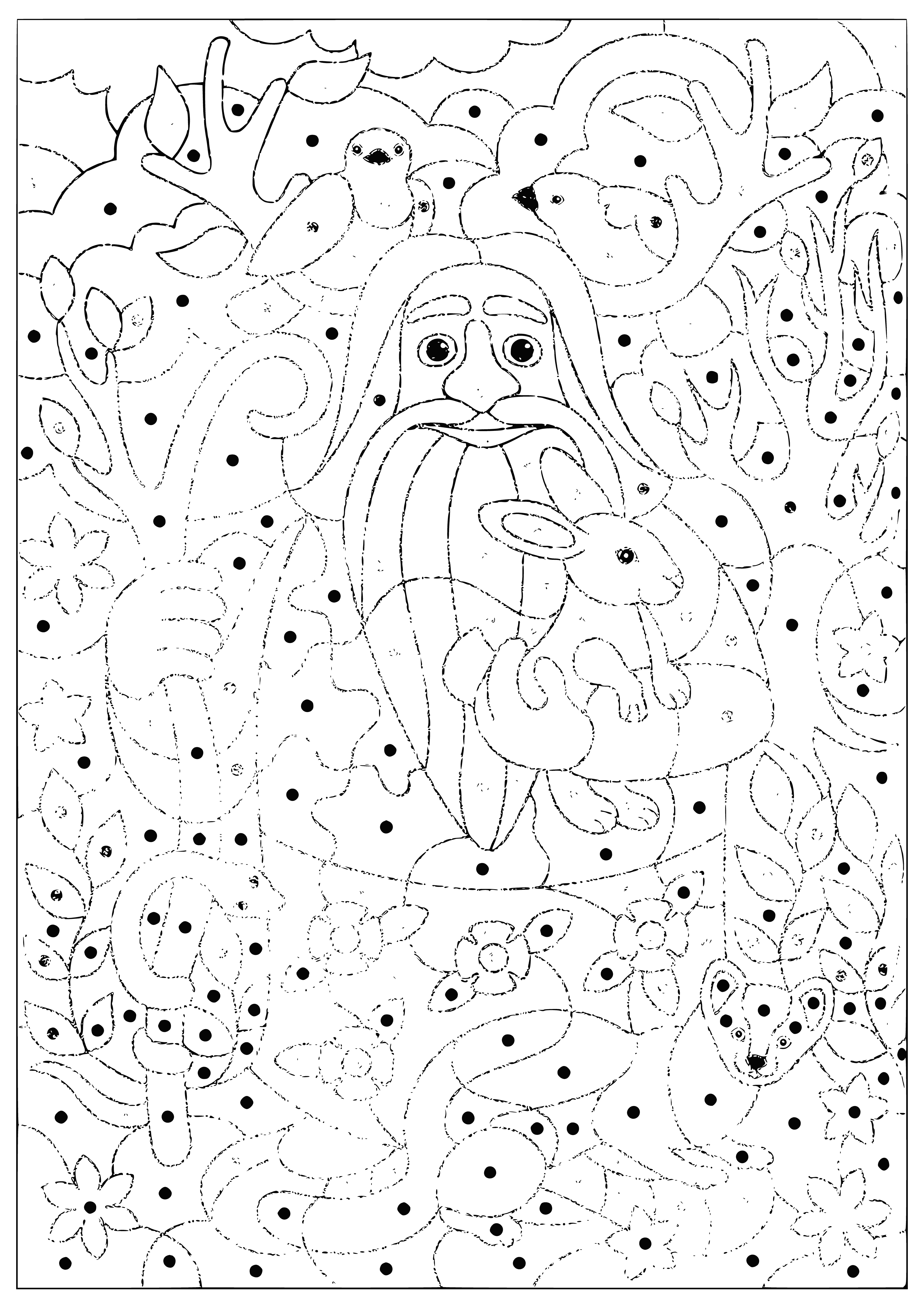 coloring page: A figure atop a tree overlooking a colorful forest sky full of stars. Flowers dot the ground below, inviting exploration.