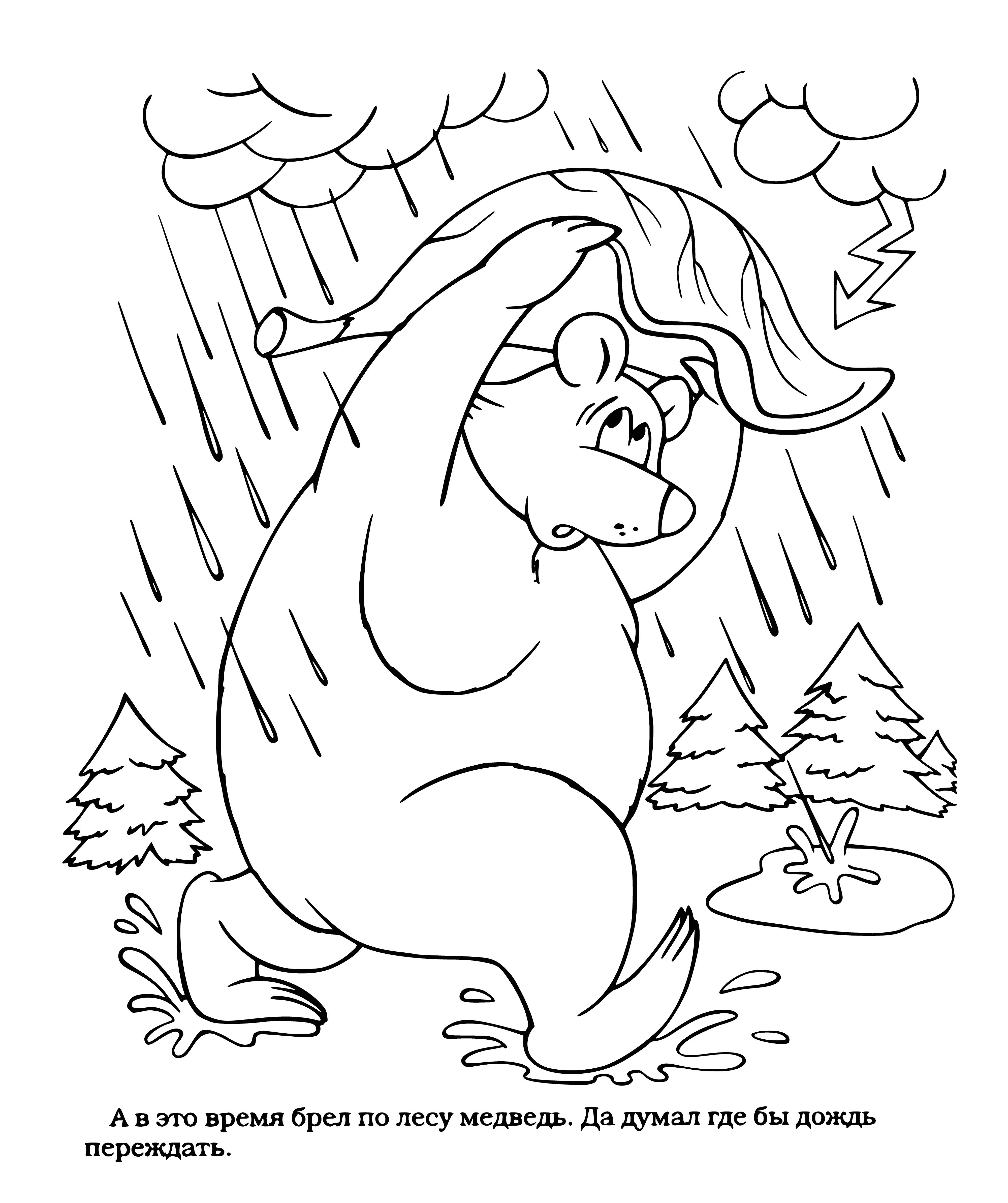 coloring page: Teddy bear bravely braves the rain & is rewarded for his bravery when the family living in a house with a light on give him a towel to dry off!