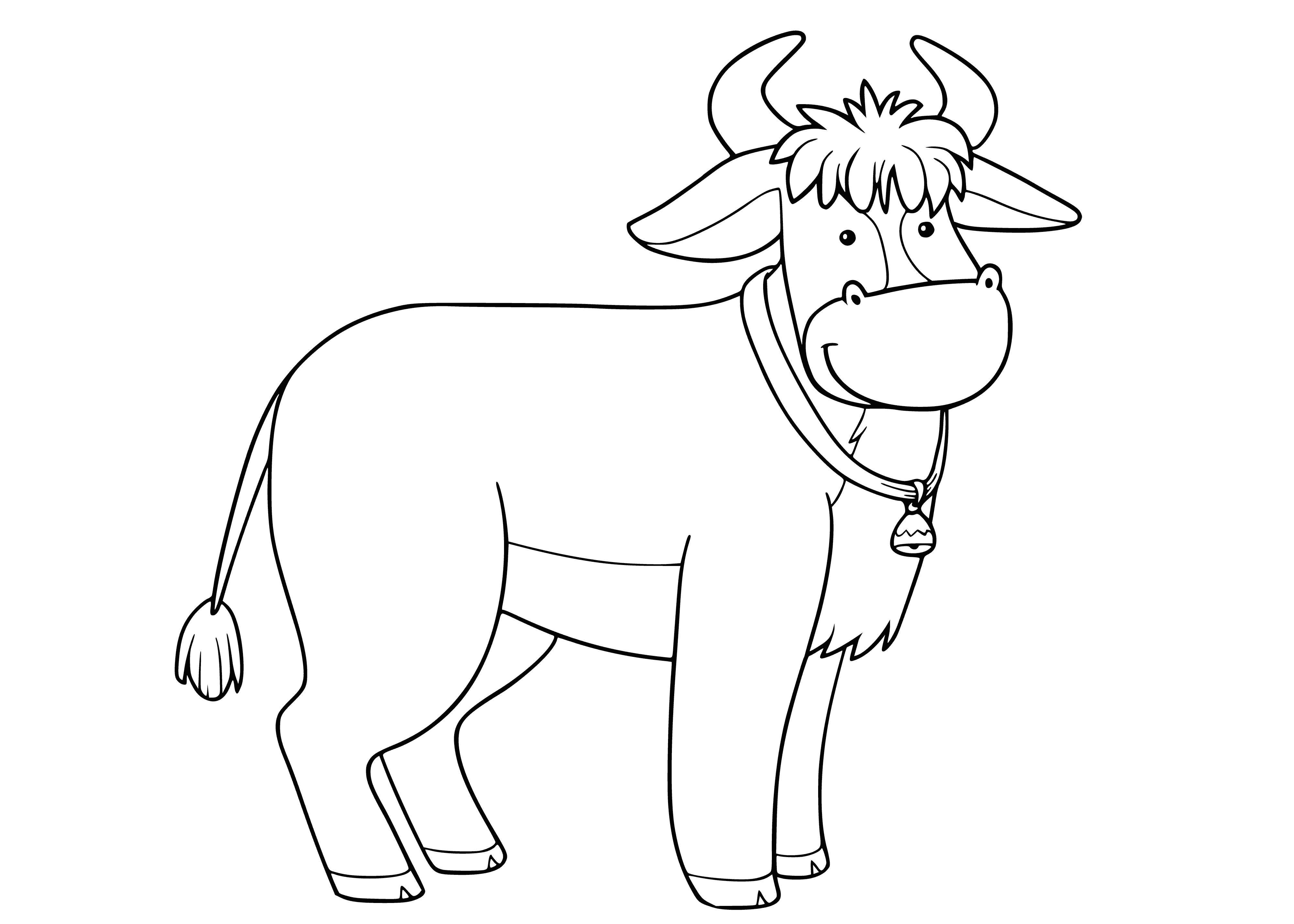 coloring page: Symbol of 2021: Powerful bull with a short coat of white & black fur, curved horns, & long tail - often used for work like plowing & transporting goods.