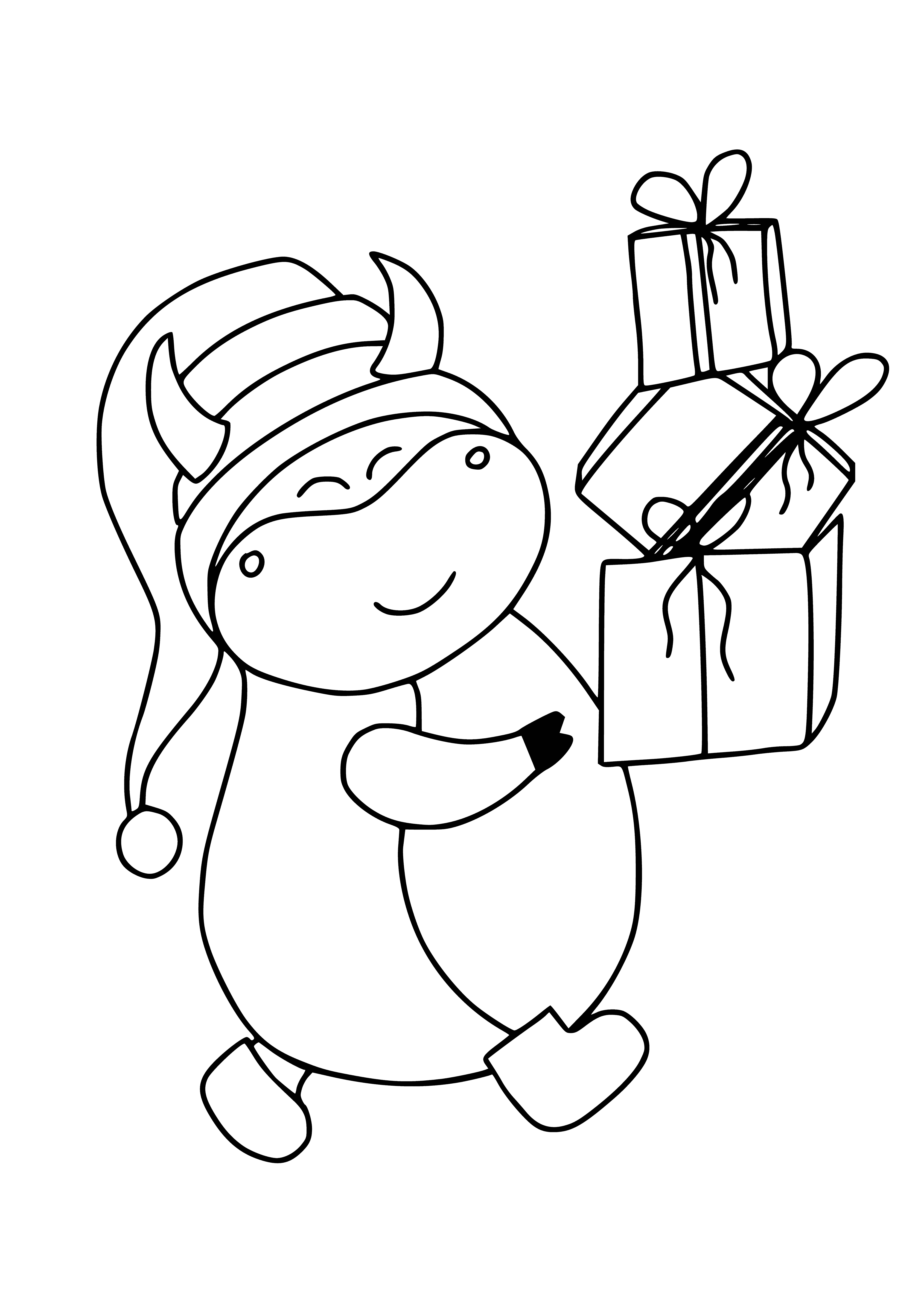 coloring page: A content bull stands on a grassy field, surrounded by a red ball, green wreath, & white envelope - its coat black & white, with a long curved horn.