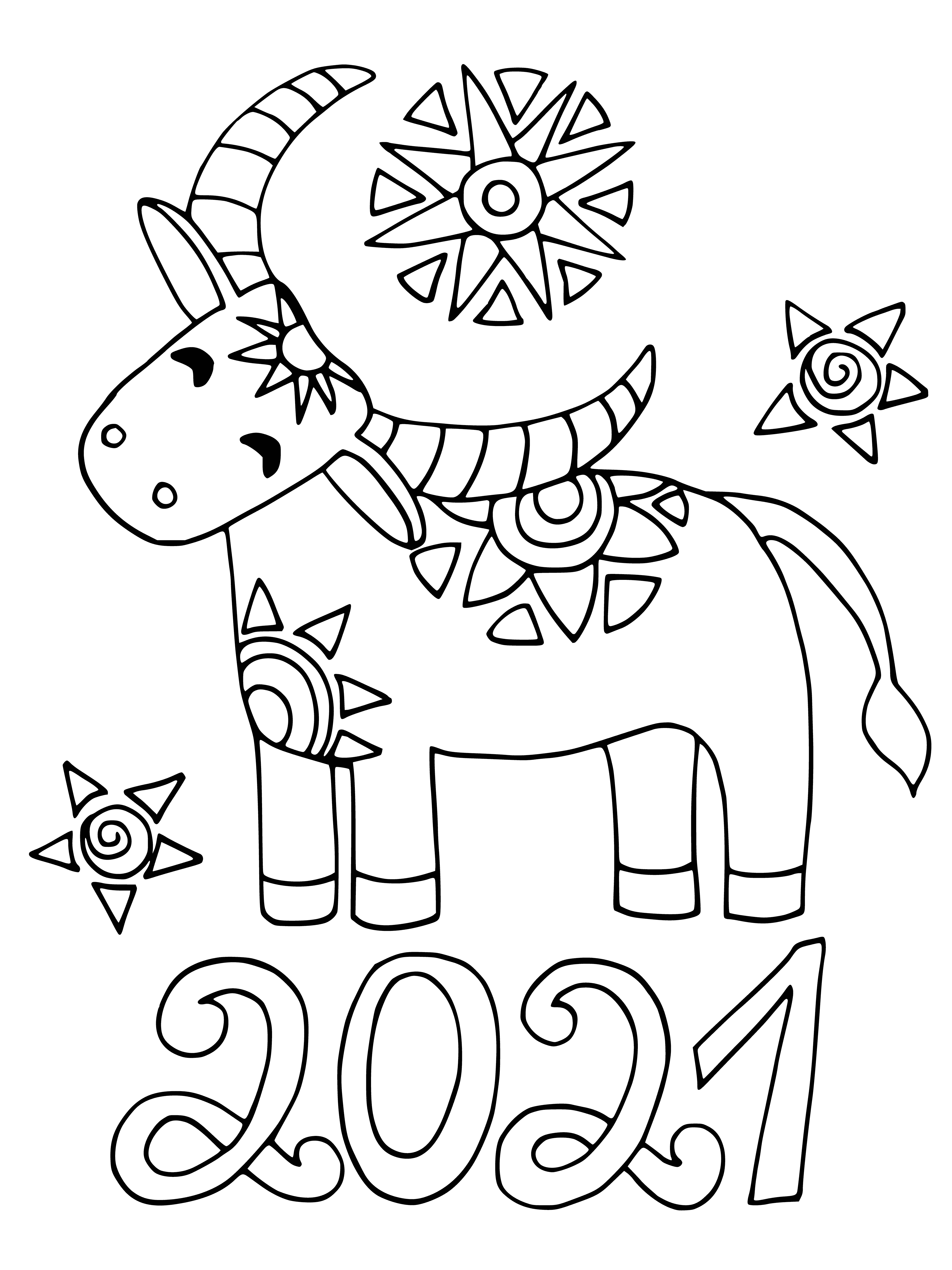 coloring page: Bull with white face, closed eyes and sharp teeth stands strong, fur coat of dark shading and sturdy hooves planted.