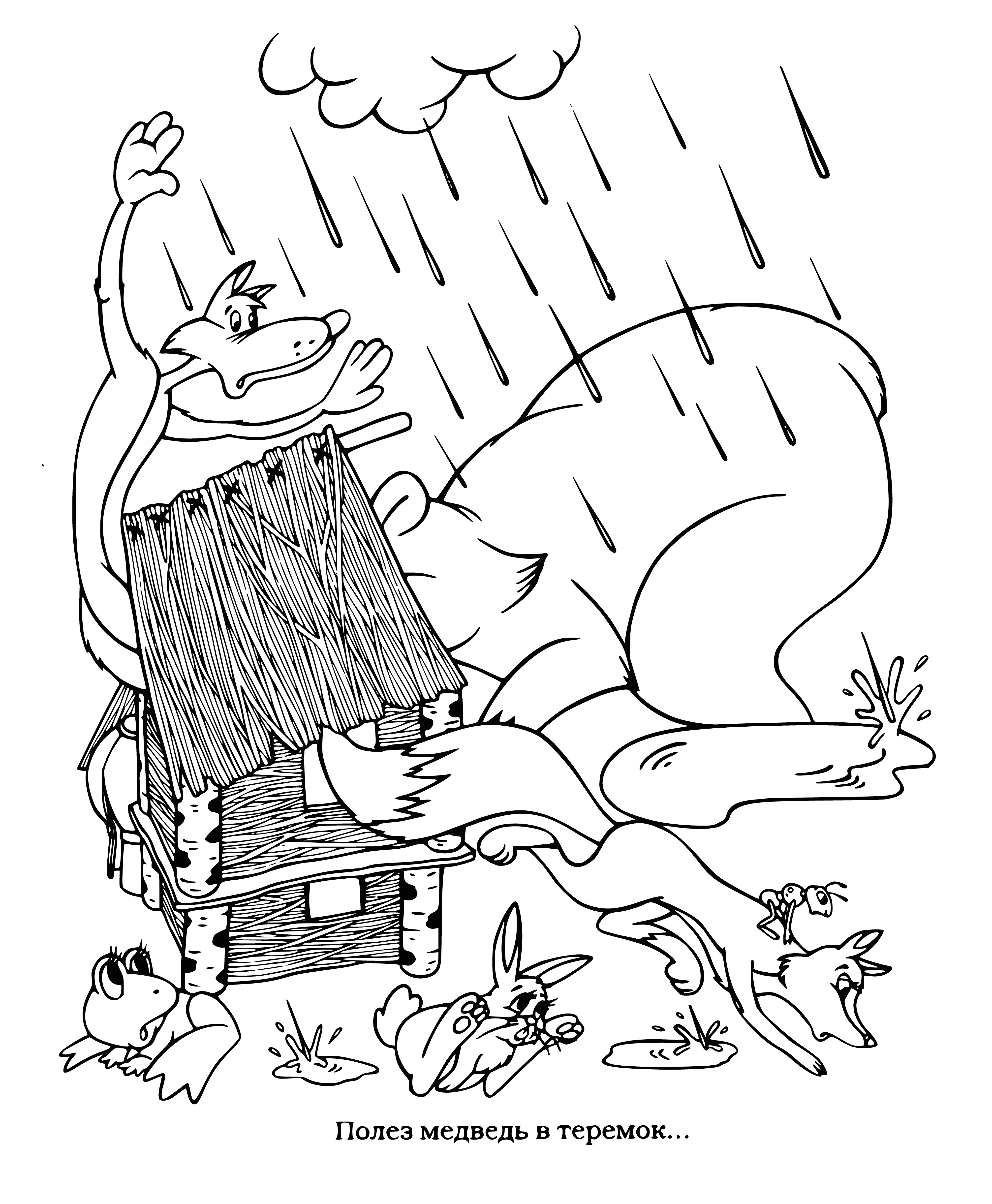 coloring page: A bear climbs a tree with powerful claws, back legs stretched out and a swishing tail.