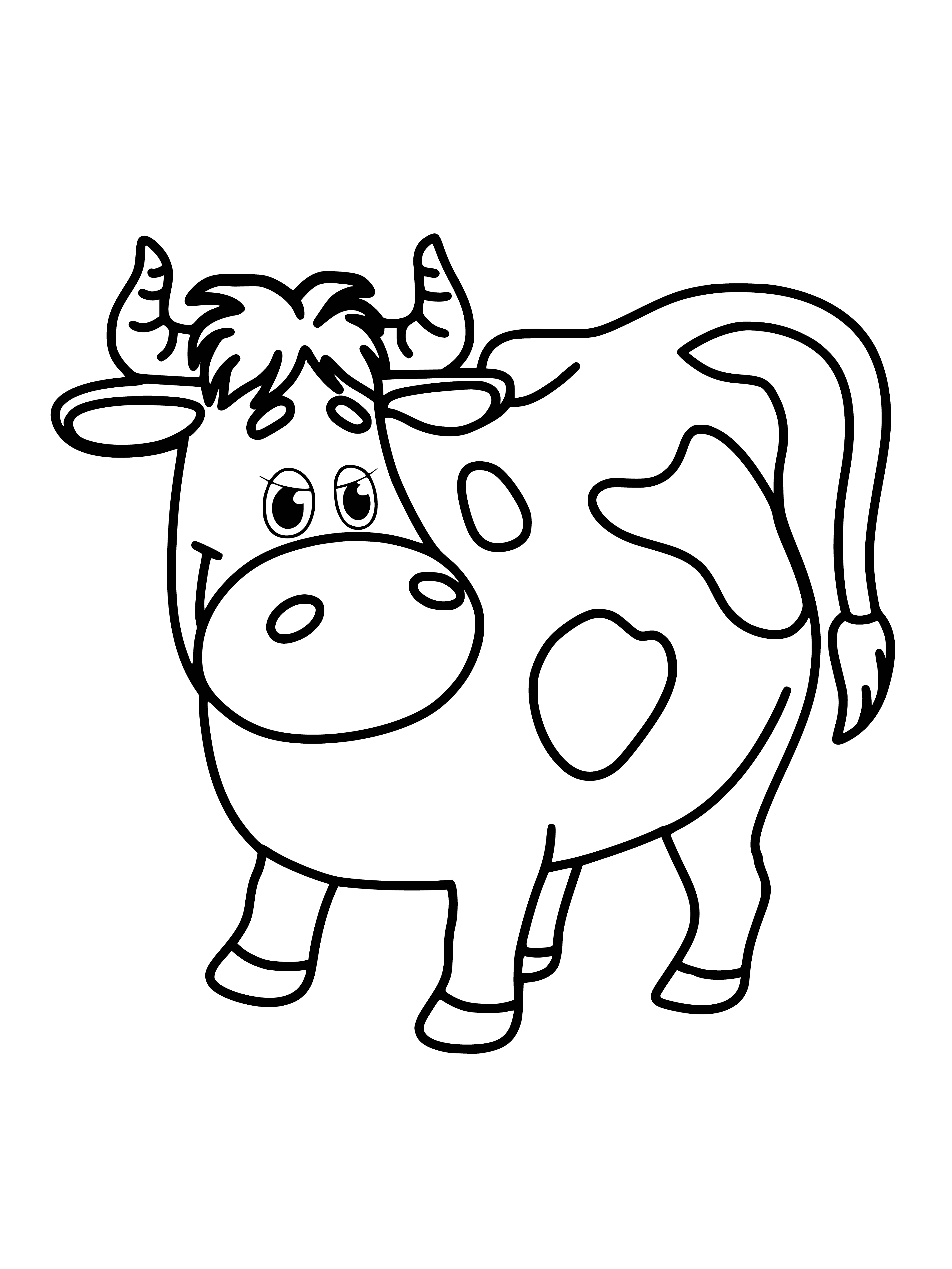 coloring page: Large, dark-colored bull stands proudly on grass, neck muscular, horns curved, eyes closed, head tilted back; with a blue sky behind.