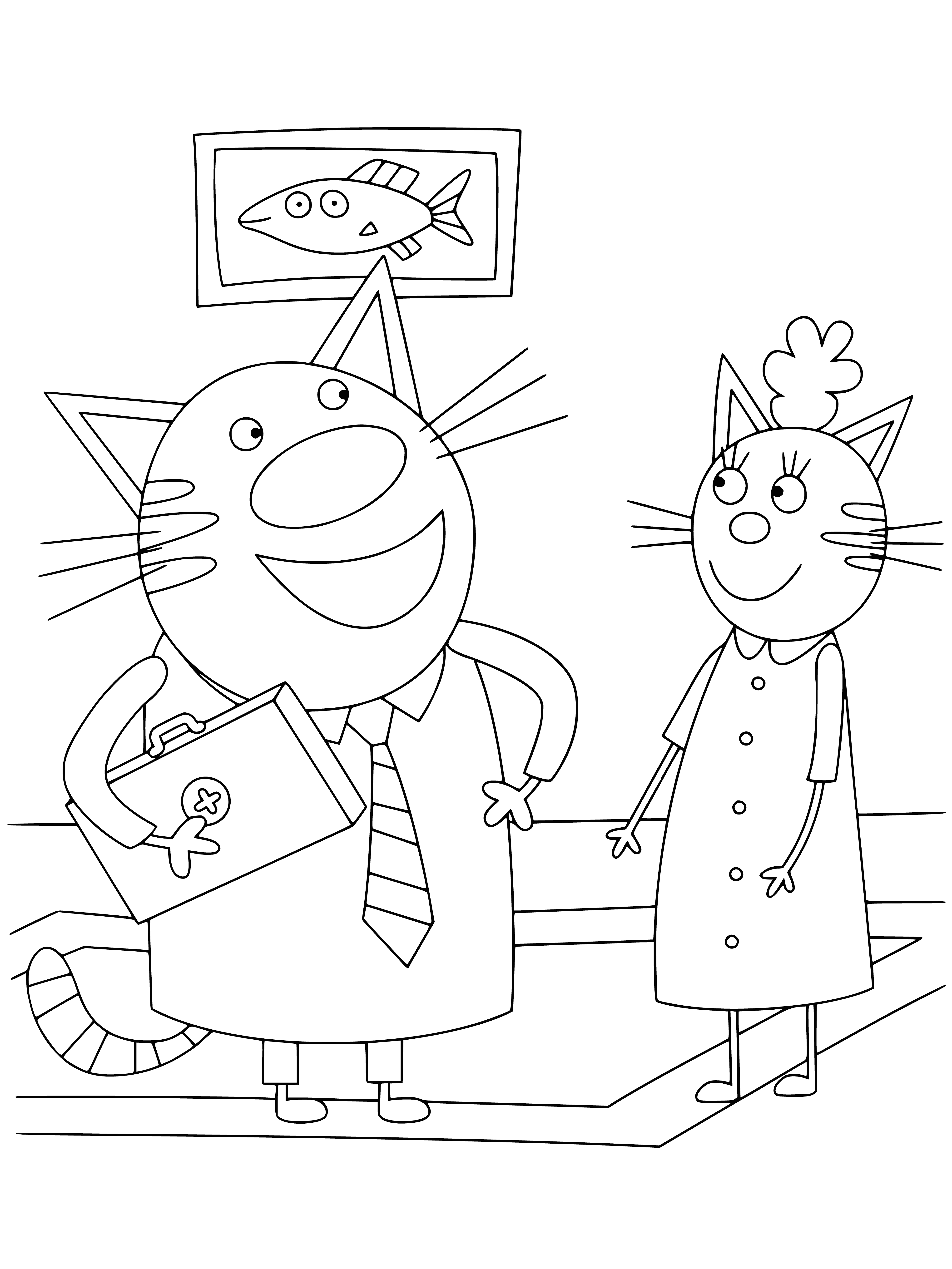 coloring page: 3 cats playing on a playset; 1 on swings, 1 on slide, 1 on climbing frame.